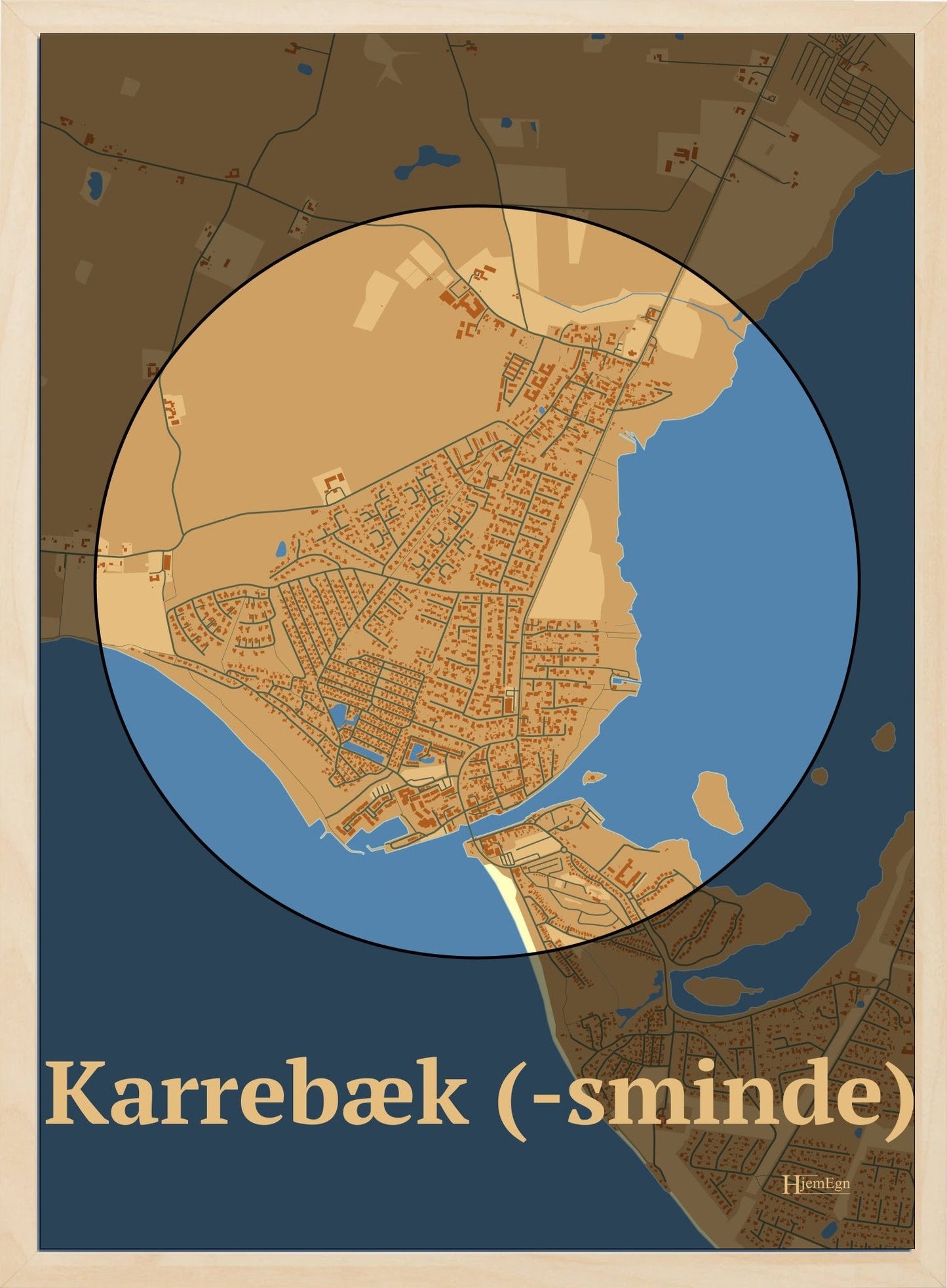 Karrebæk (-sminde) plakat i farve pastel brun og HjemEgn.dk design centrum. Design bykort for Karrebæk (-sminde)