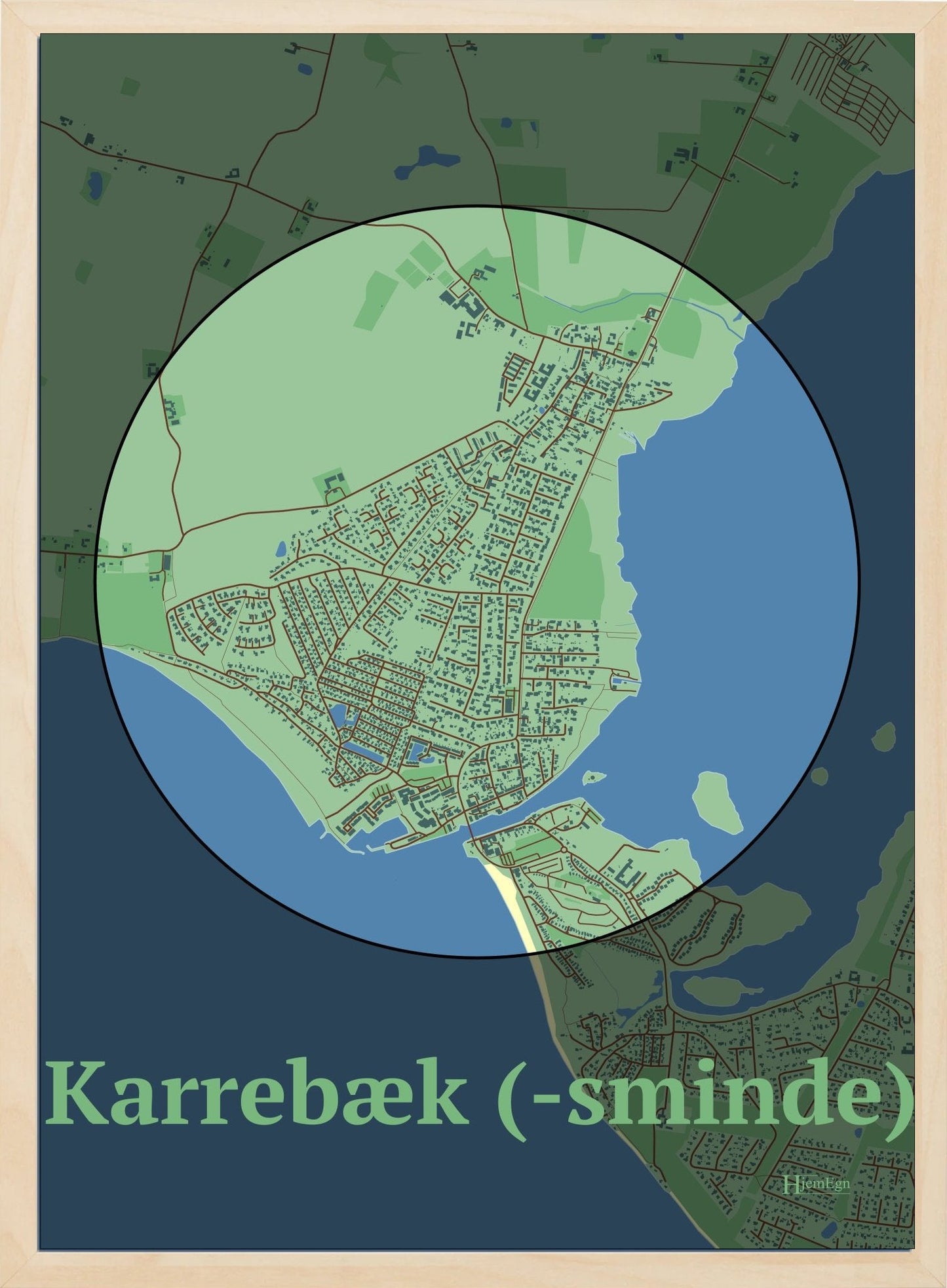 Karrebæk (-sminde) plakat i farve pastel grøn og HjemEgn.dk design centrum. Design bykort for Karrebæk (-sminde)