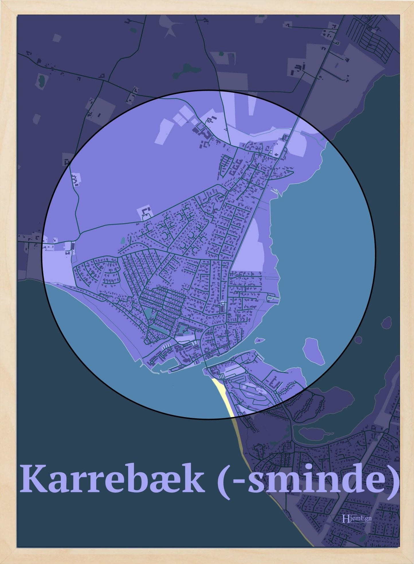 Karrebæk (-sminde) plakat i farve pastel lilla og HjemEgn.dk design centrum. Design bykort for Karrebæk (-sminde)
