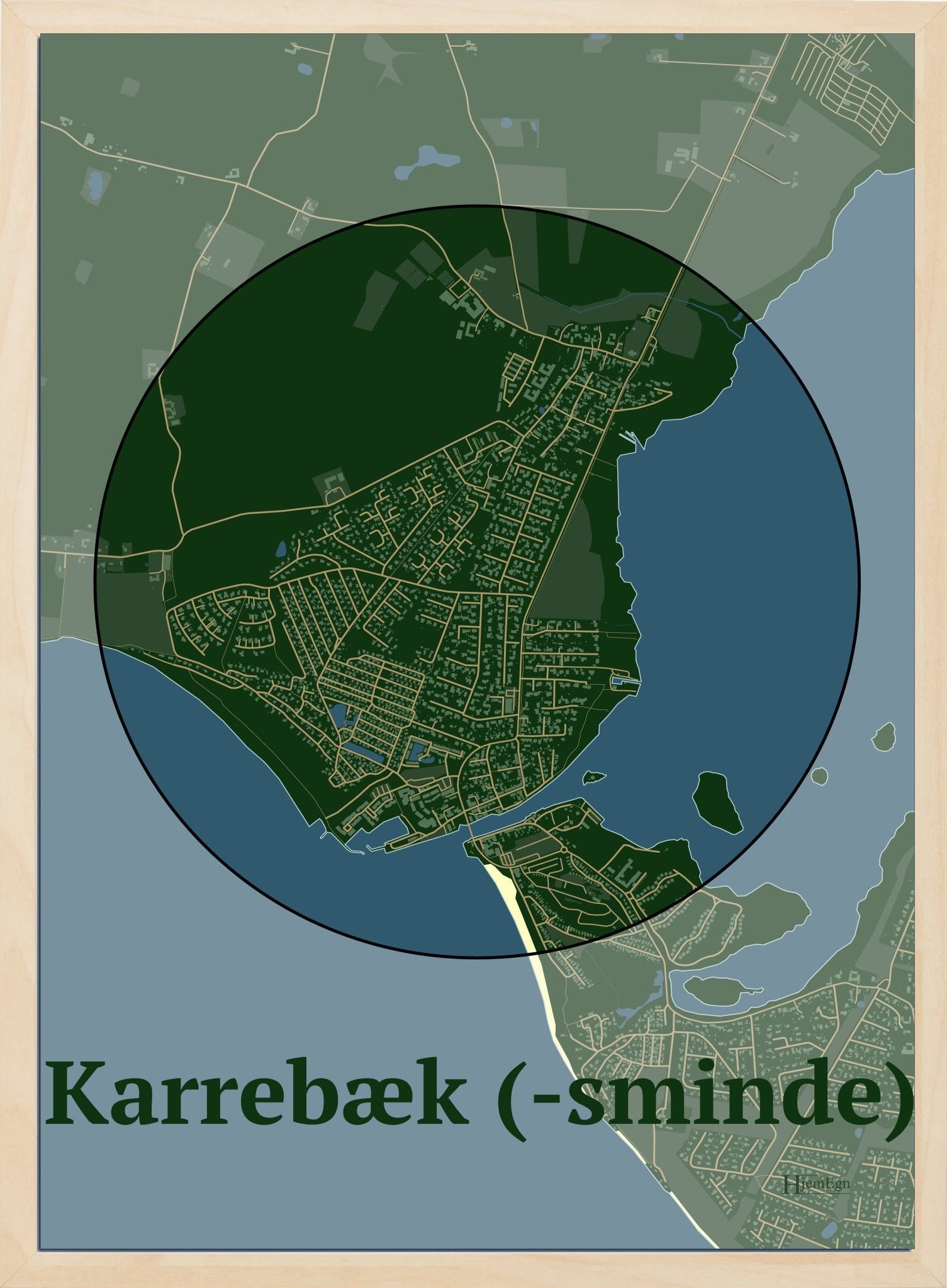 Karrebæk (-sminde) plakat i farve mørk grøn og HjemEgn.dk design centrum. Design bykort for Karrebæk (-sminde)