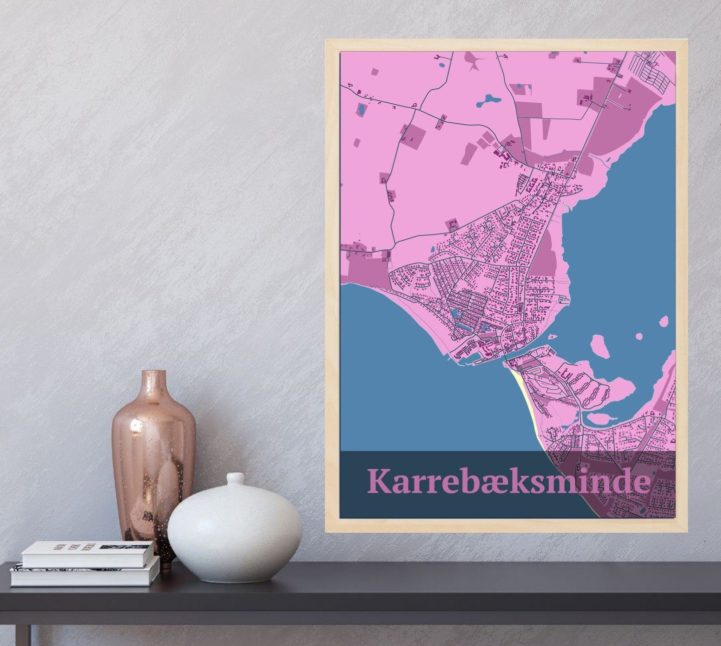 Karrebæksminde plakat med HjemEgn.dk design firkantet. Design bykort for Karrebæksminde