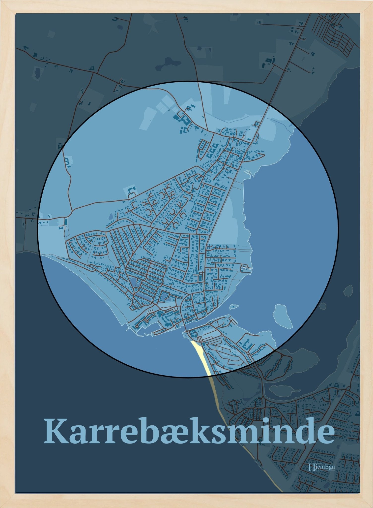 Karrebæksminde plakat i farve pastel blå og HjemEgn.dk design centrum. Design bykort for Karrebæksminde