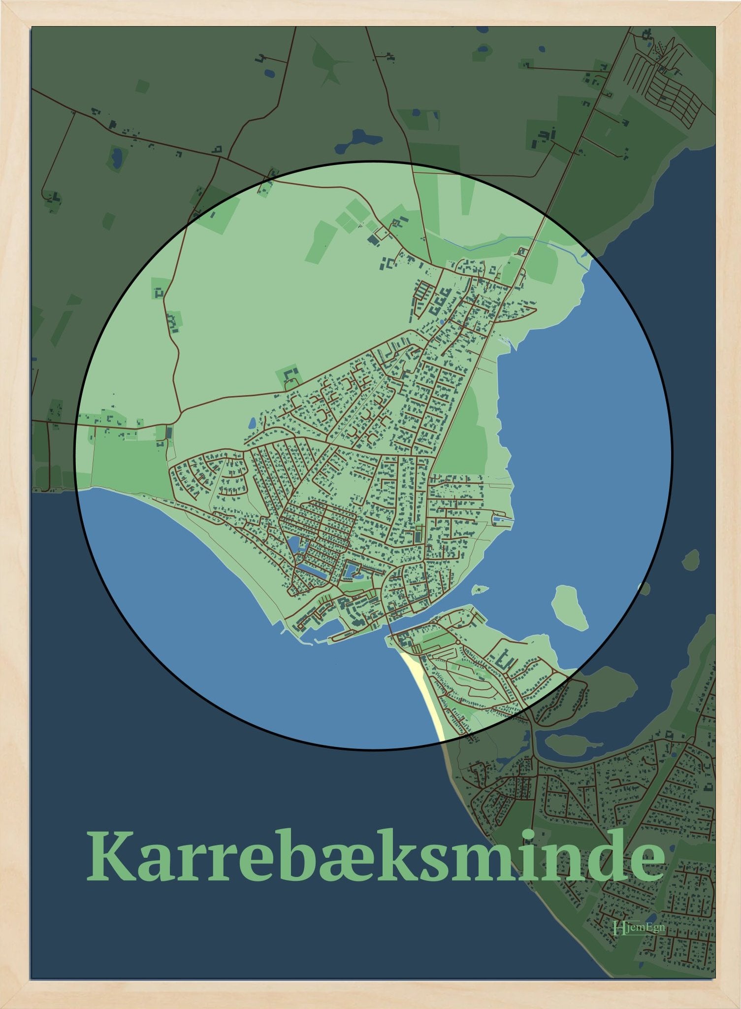 Karrebæksminde plakat i farve pastel grøn og HjemEgn.dk design centrum. Design bykort for Karrebæksminde
