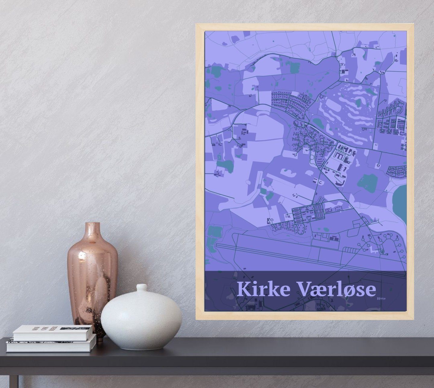 Kirke Værløse plakat i farve  og HjemEgn.dk design firkantet. Design bykort for Kirke Værløse