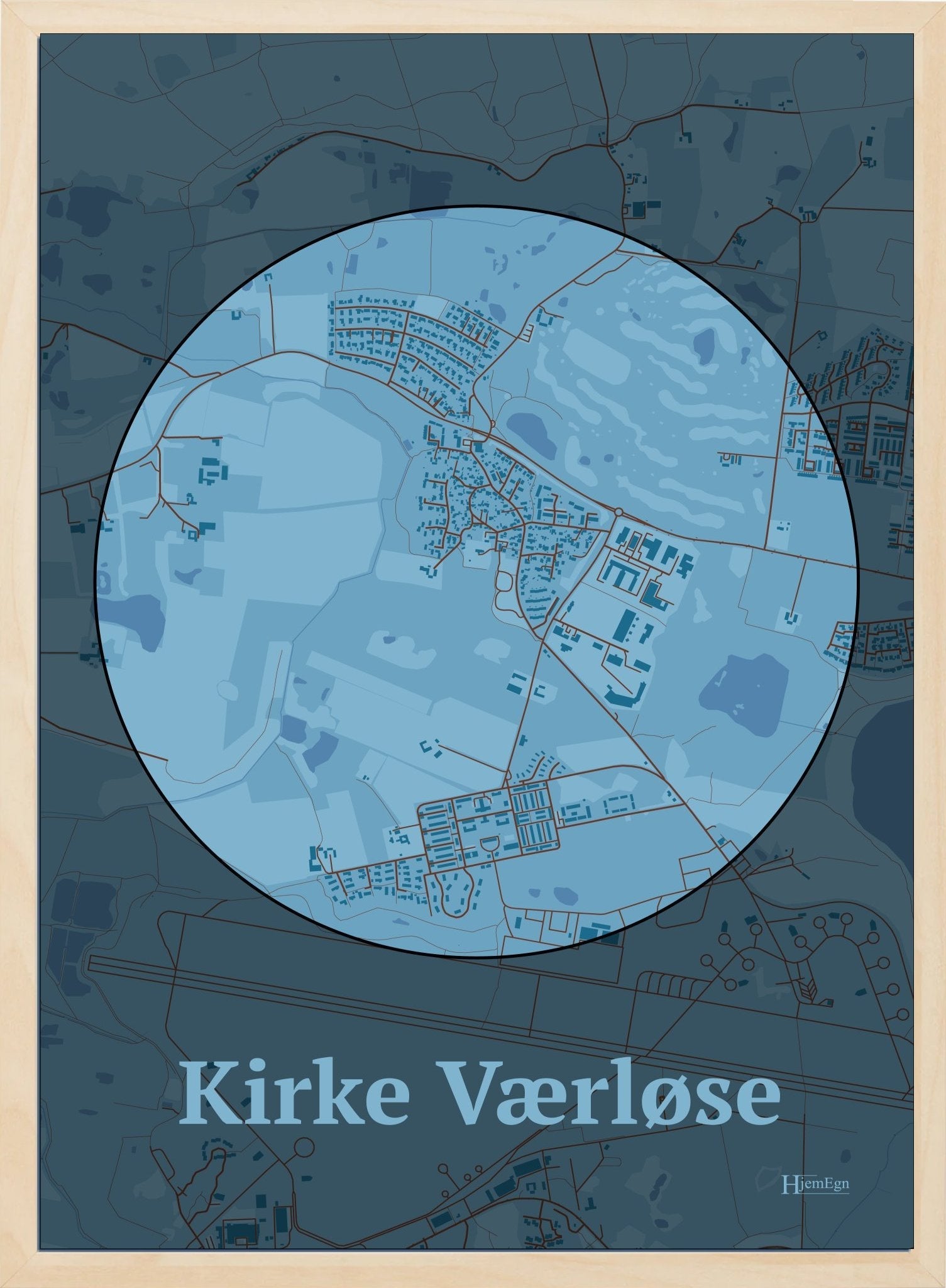 Kirke Værløse plakat i farve pastel blå og HjemEgn.dk design centrum. Design bykort for Kirke Værløse