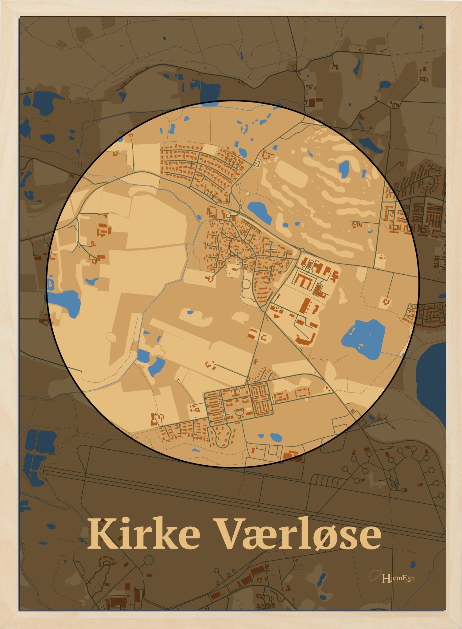 Kirke Værløse plakat i farve pastel brun og HjemEgn.dk design centrum. Design bykort for Kirke Værløse