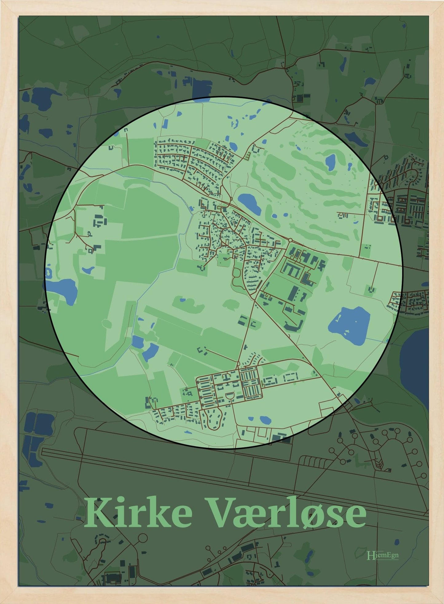 Kirke Værløse plakat i farve pastel grøn og HjemEgn.dk design centrum. Design bykort for Kirke Værløse