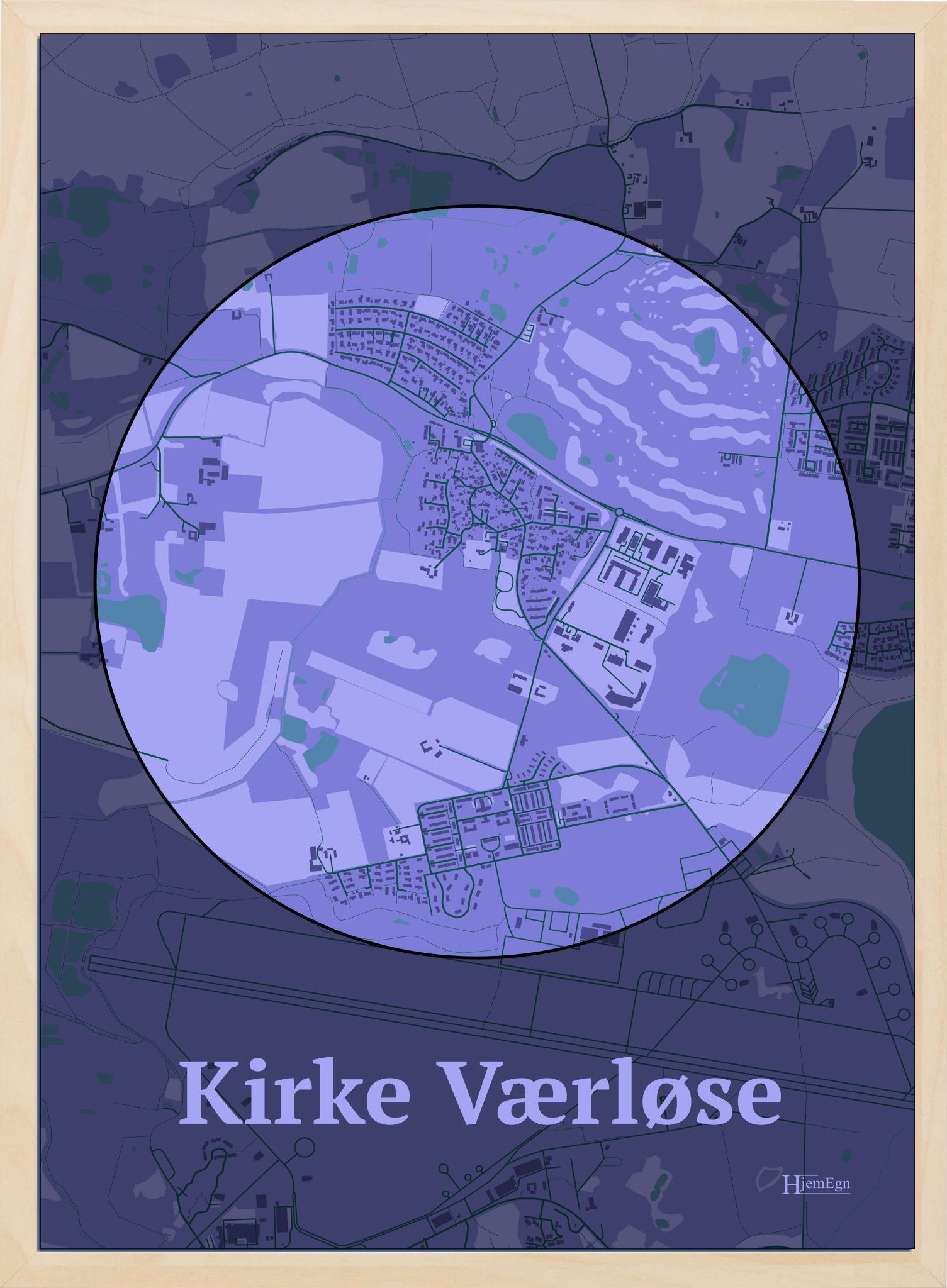 Kirke Værløse plakat i farve pastel lilla og HjemEgn.dk design centrum. Design bykort for Kirke Værløse