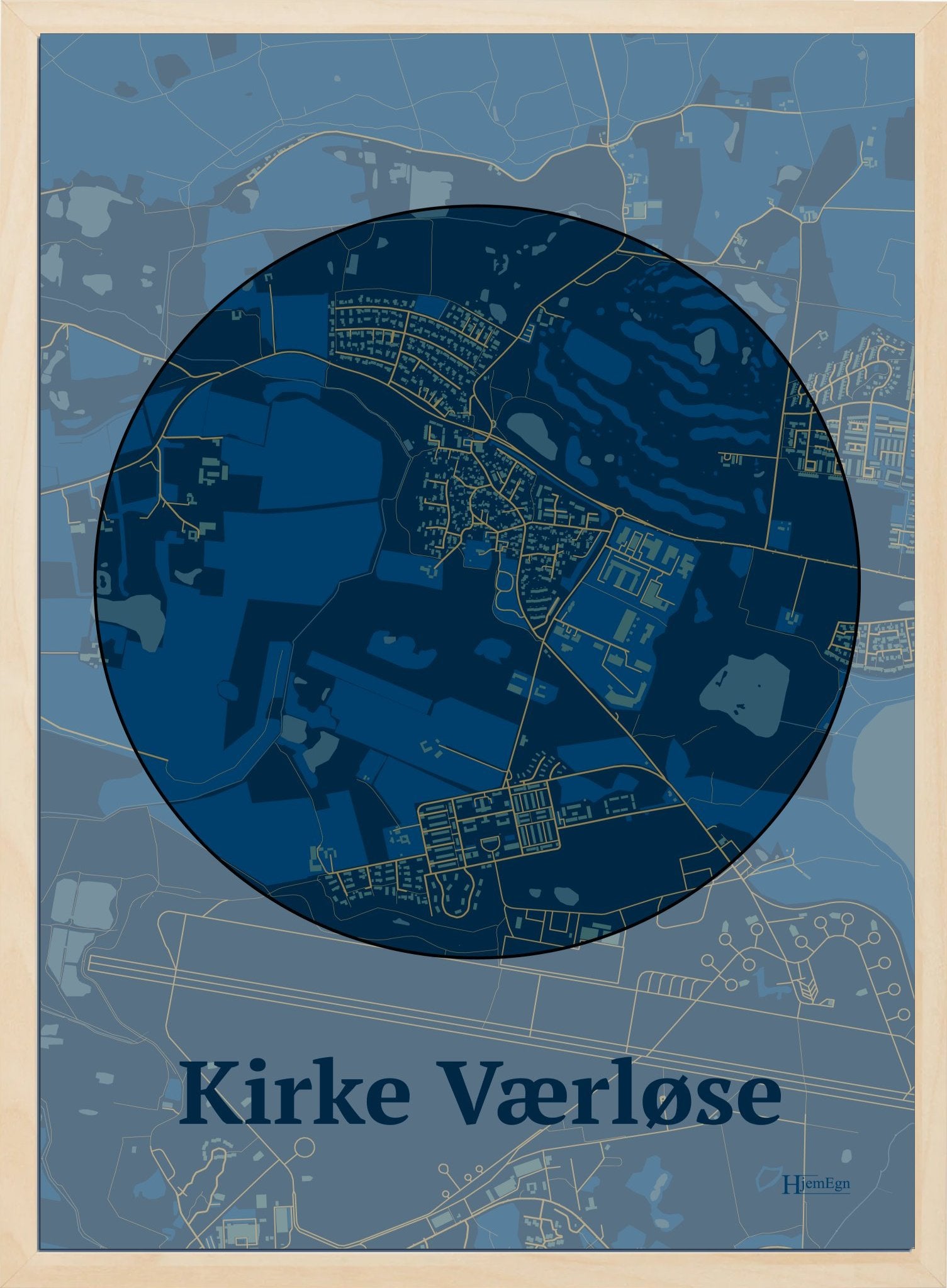 Kirke Værløse plakat i farve mørk blå og HjemEgn.dk design centrum. Design bykort for Kirke Værløse