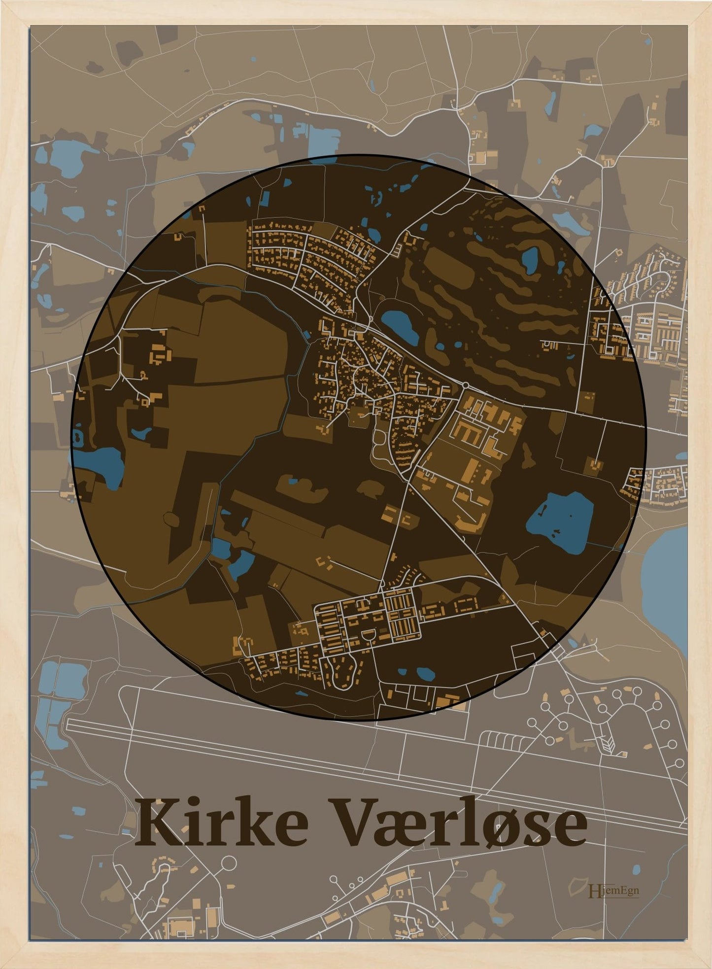 Kirke Værløse plakat i farve mørk brun og HjemEgn.dk design centrum. Design bykort for Kirke Værløse