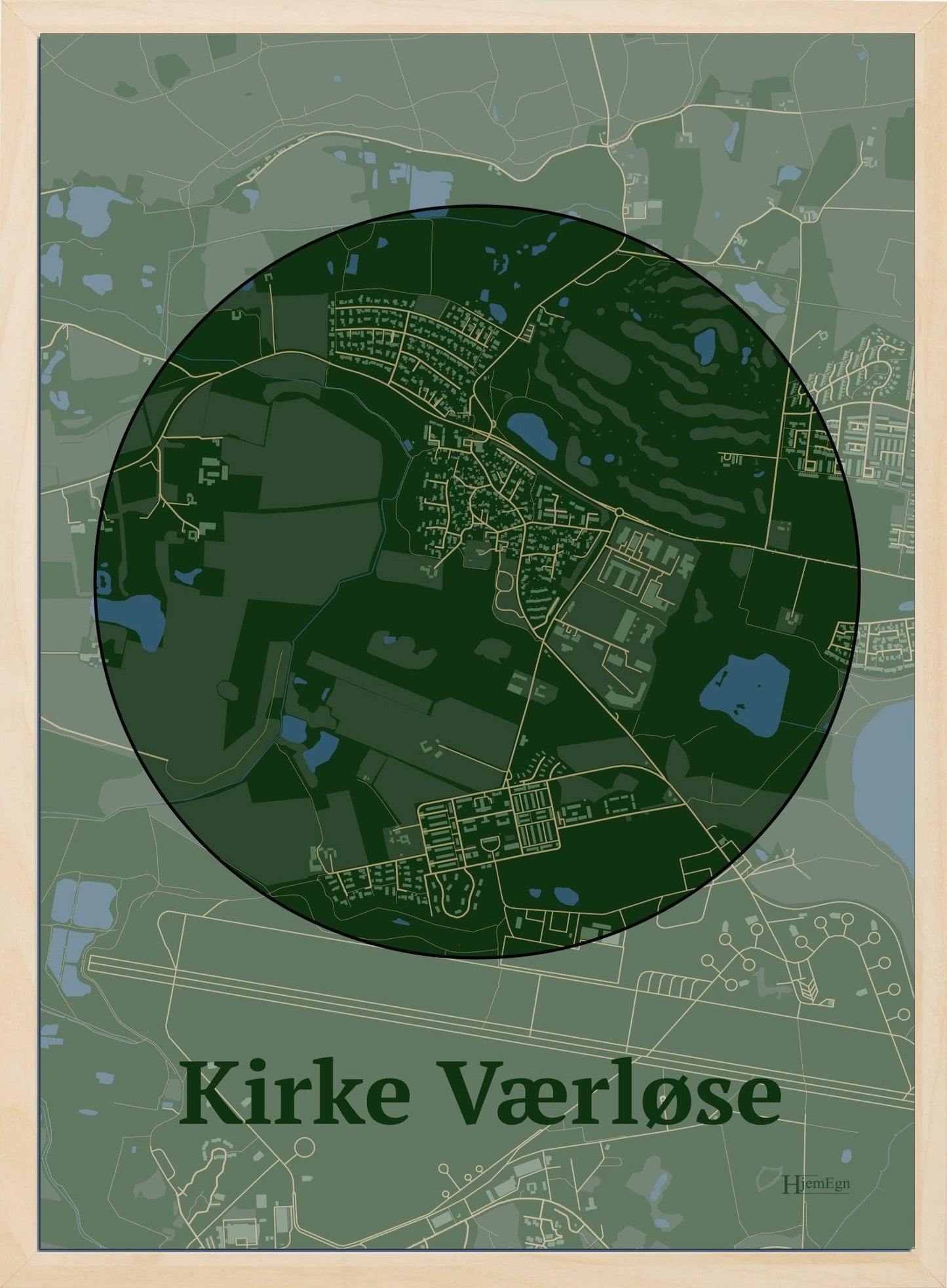 Kirke Værløse plakat i farve mørk grøn og HjemEgn.dk design centrum. Design bykort for Kirke Værløse