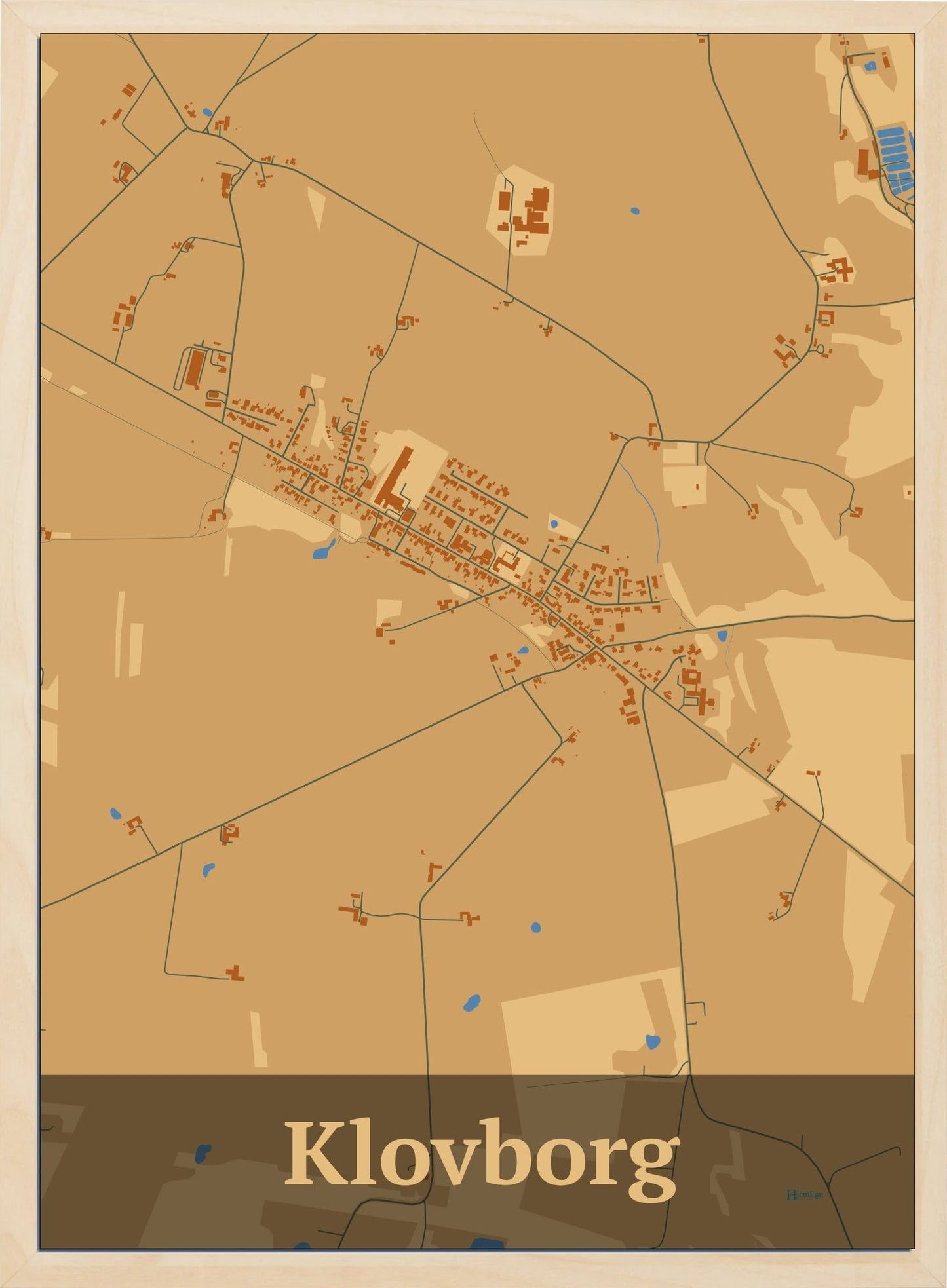 Klovborg plakat i farve pastel brun og HjemEgn.dk design firkantet. Design bykort for Klovborg