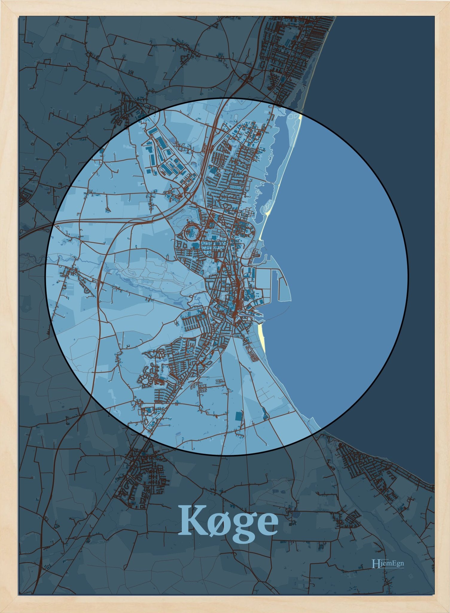Køge plakat i farve pastel blå og HjemEgn.dk design centrum. Design bykort for Køge