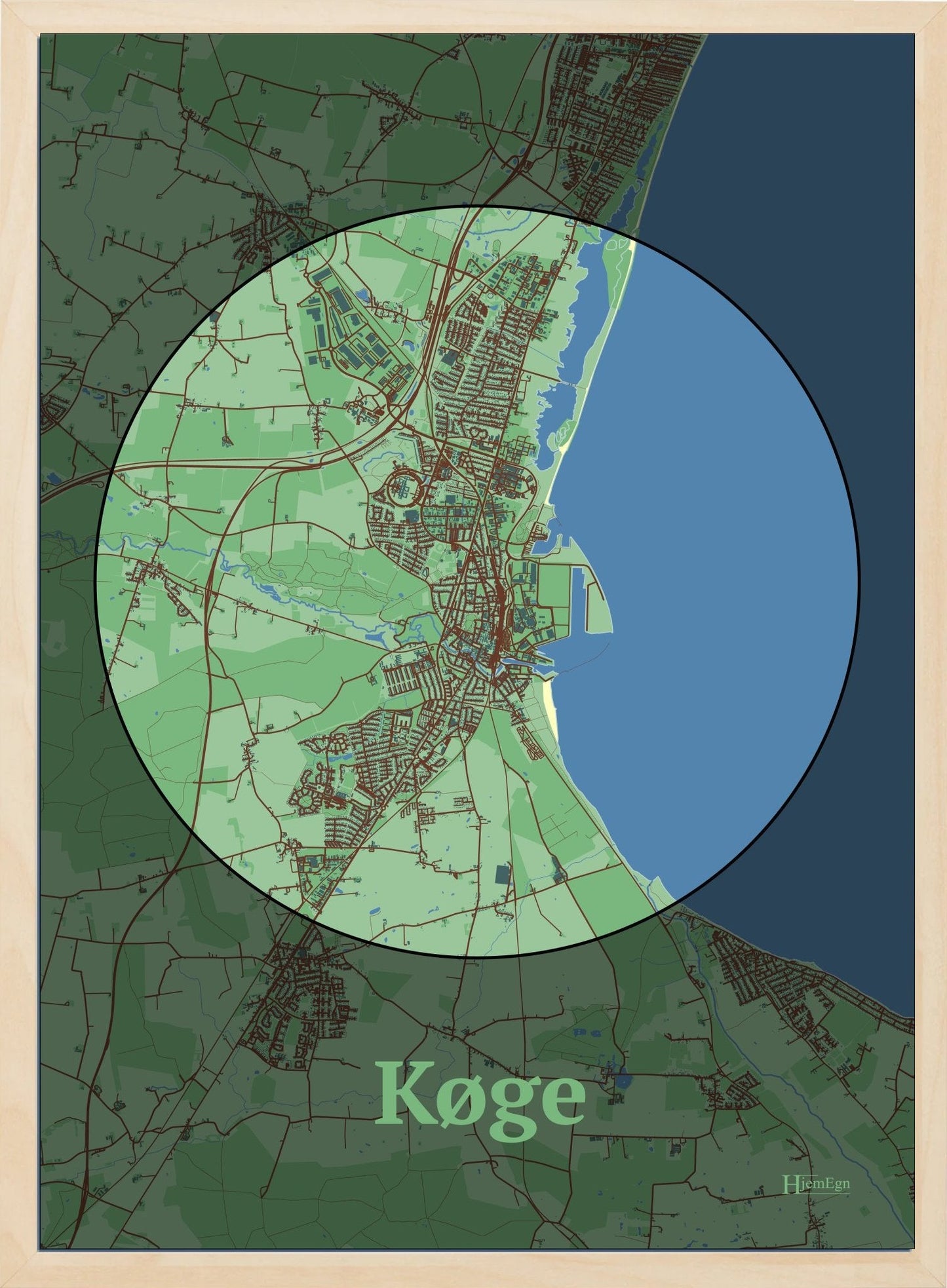 Køge plakat i farve pastel grøn og HjemEgn.dk design centrum. Design bykort for Køge