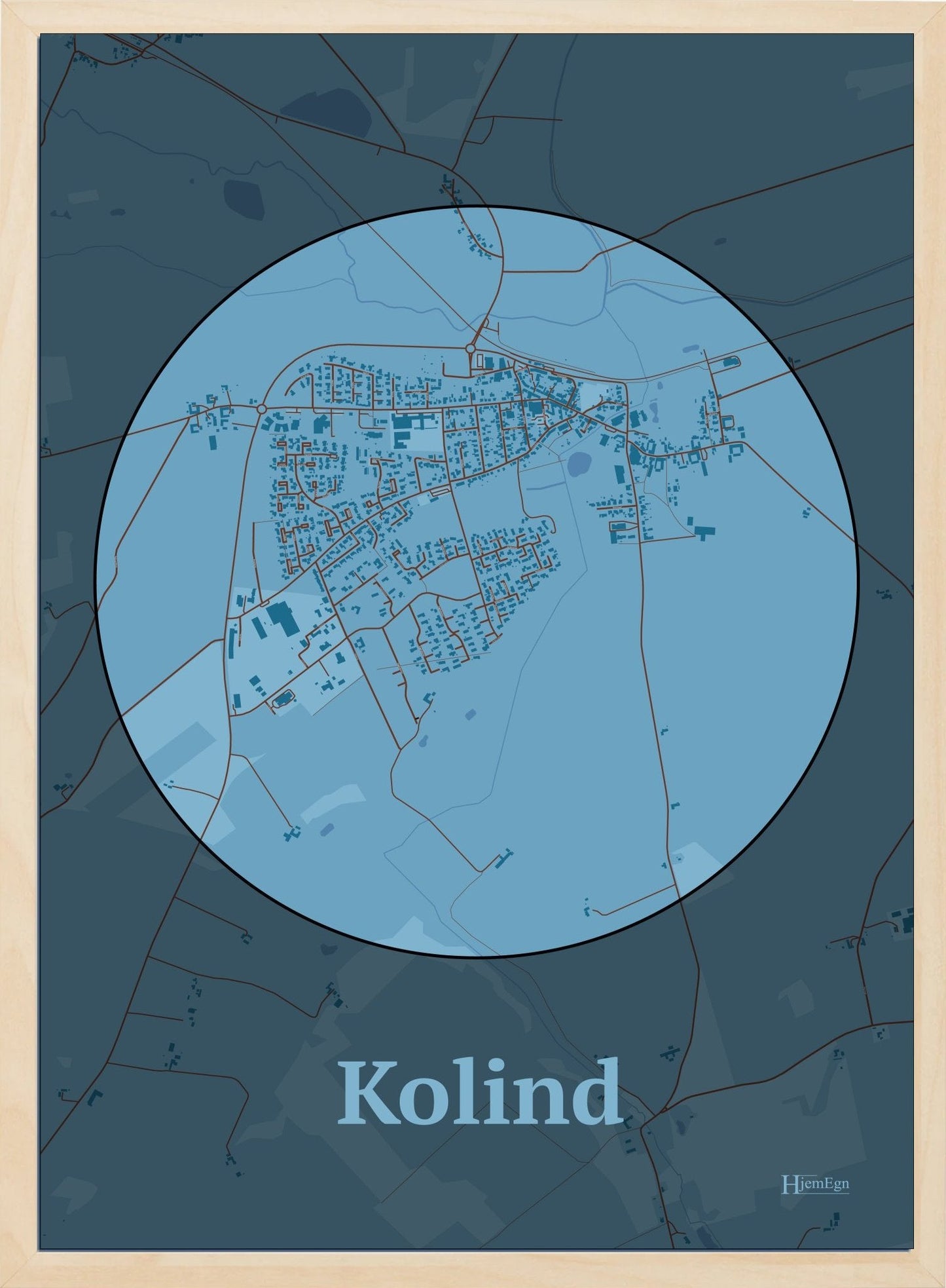 Kolind plakat i farve pastel blå og HjemEgn.dk design centrum. Design bykort for Kolind