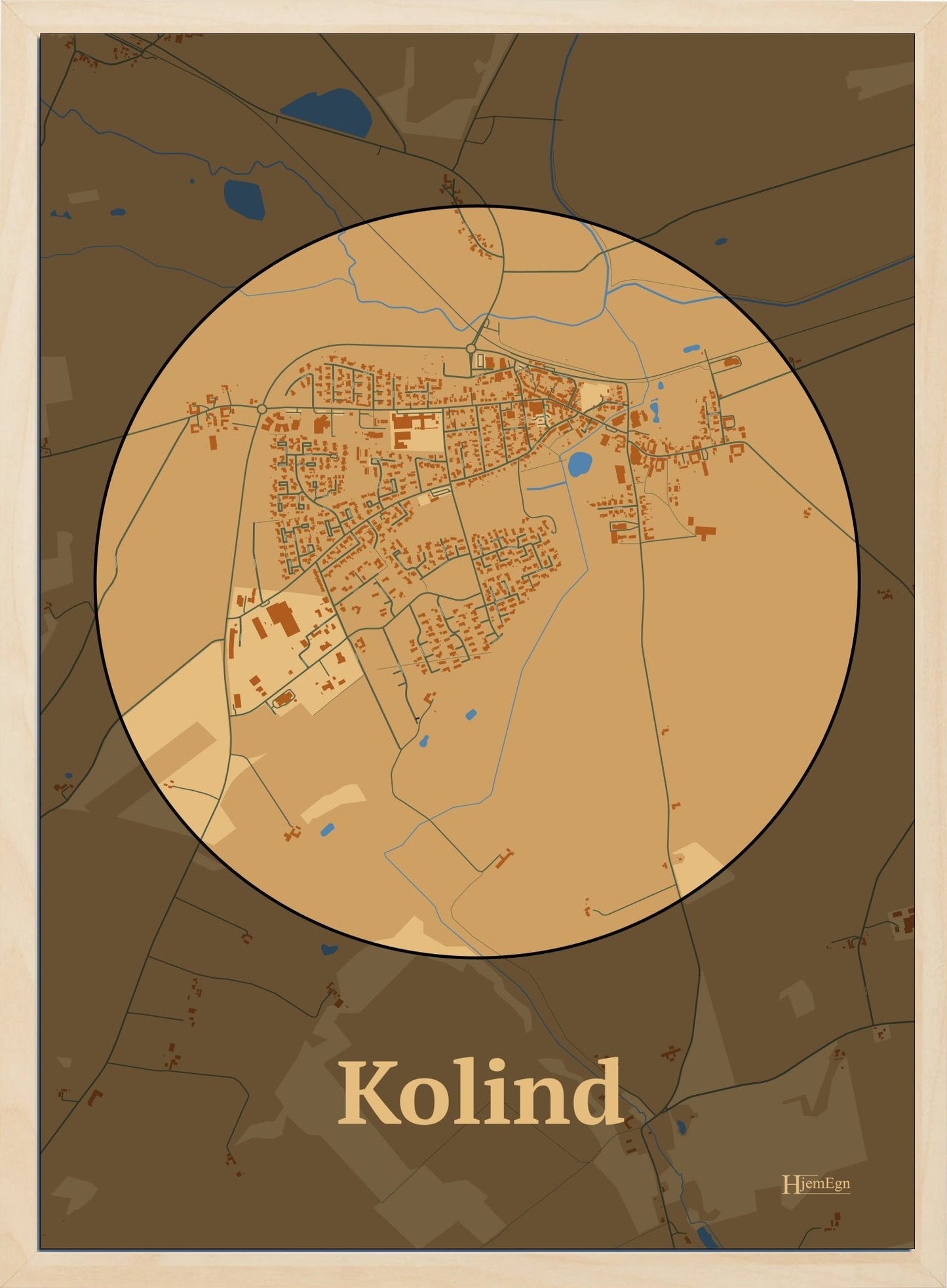 Kolind plakat i farve pastel brun og HjemEgn.dk design centrum. Design bykort for Kolind