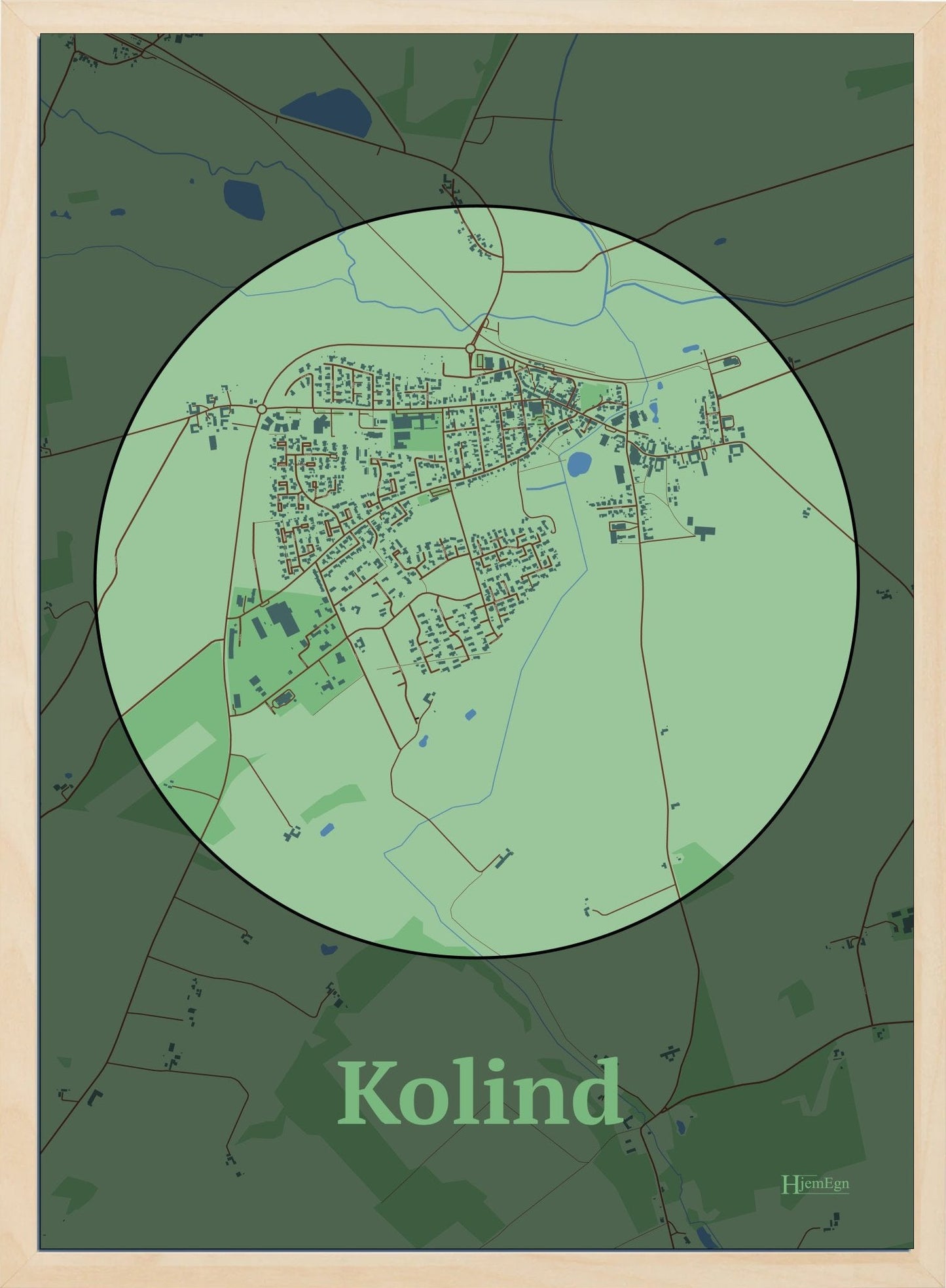 Kolind plakat i farve pastel grøn og HjemEgn.dk design centrum. Design bykort for Kolind