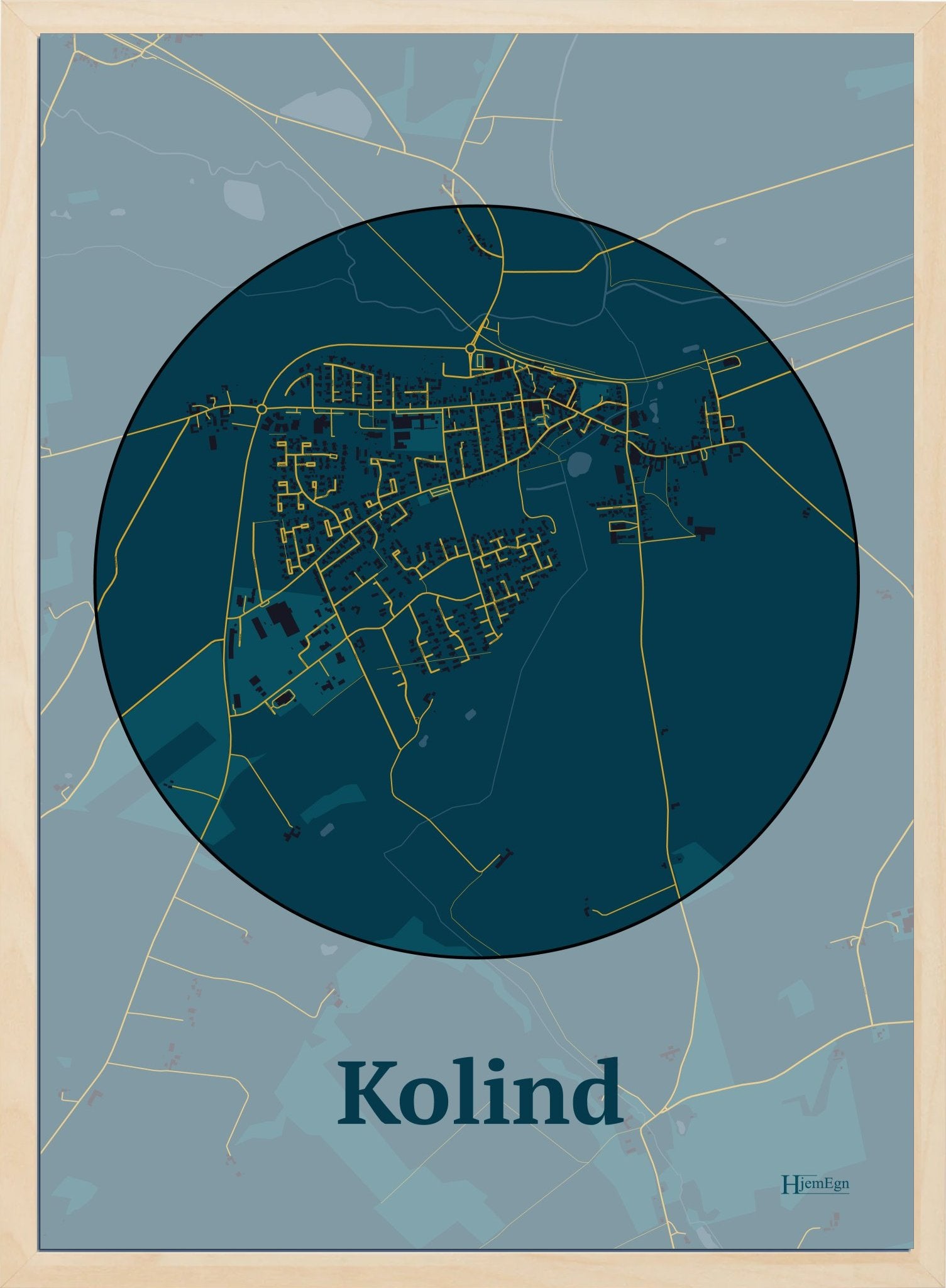 Kolind plakat i farve mørk blå og HjemEgn.dk design centrum. Design bykort for Kolind
