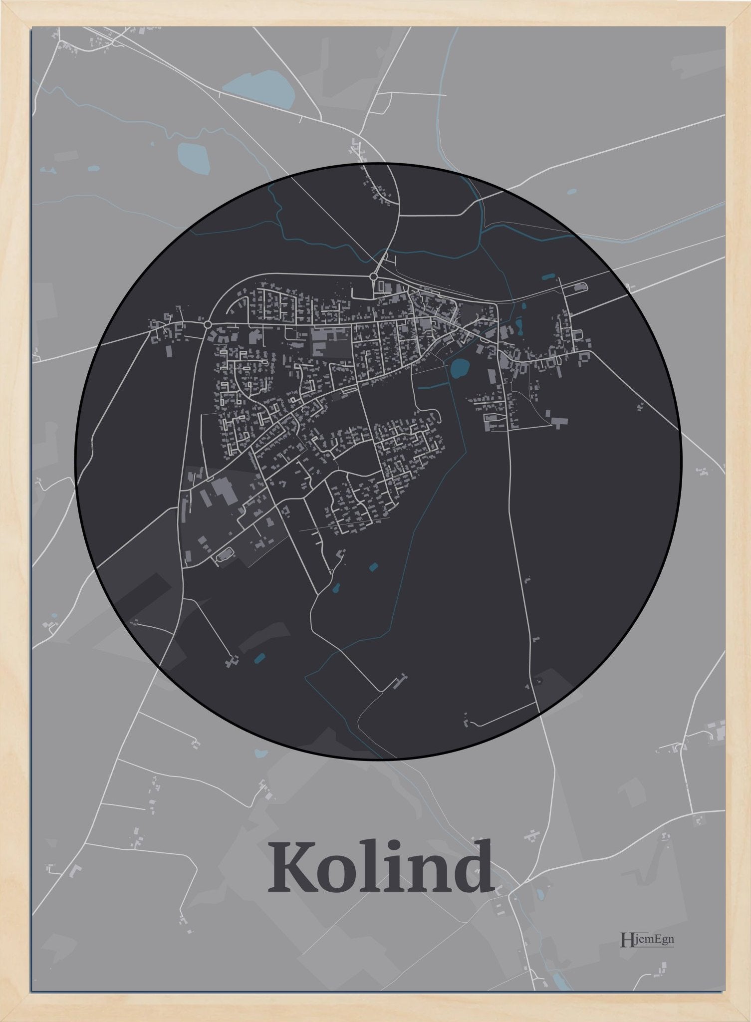 Kolind plakat i farve mørk brun og HjemEgn.dk design centrum. Design bykort for Kolind