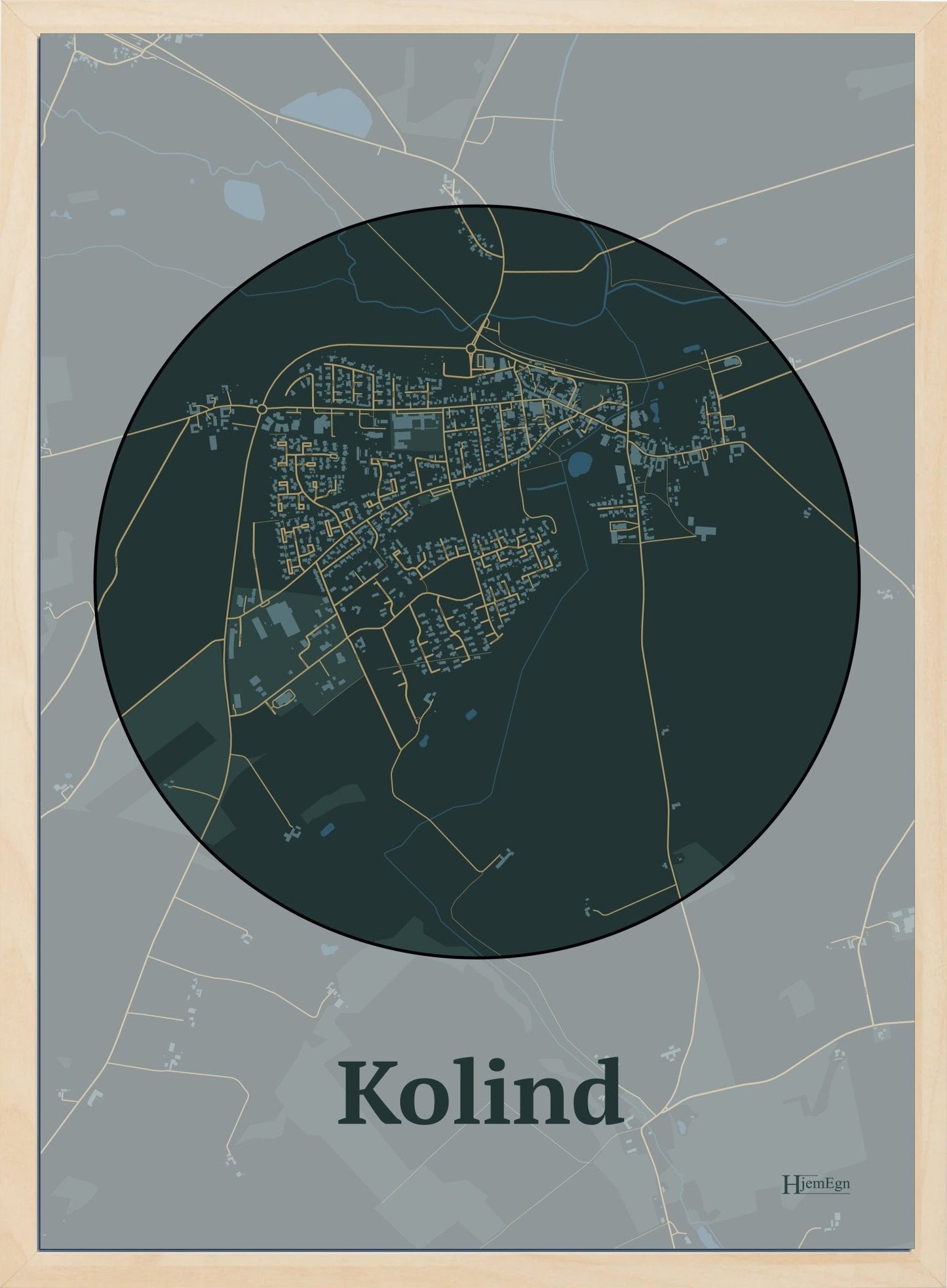 Kolind plakat i farve mørk grøn og HjemEgn.dk design centrum. Design bykort for Kolind