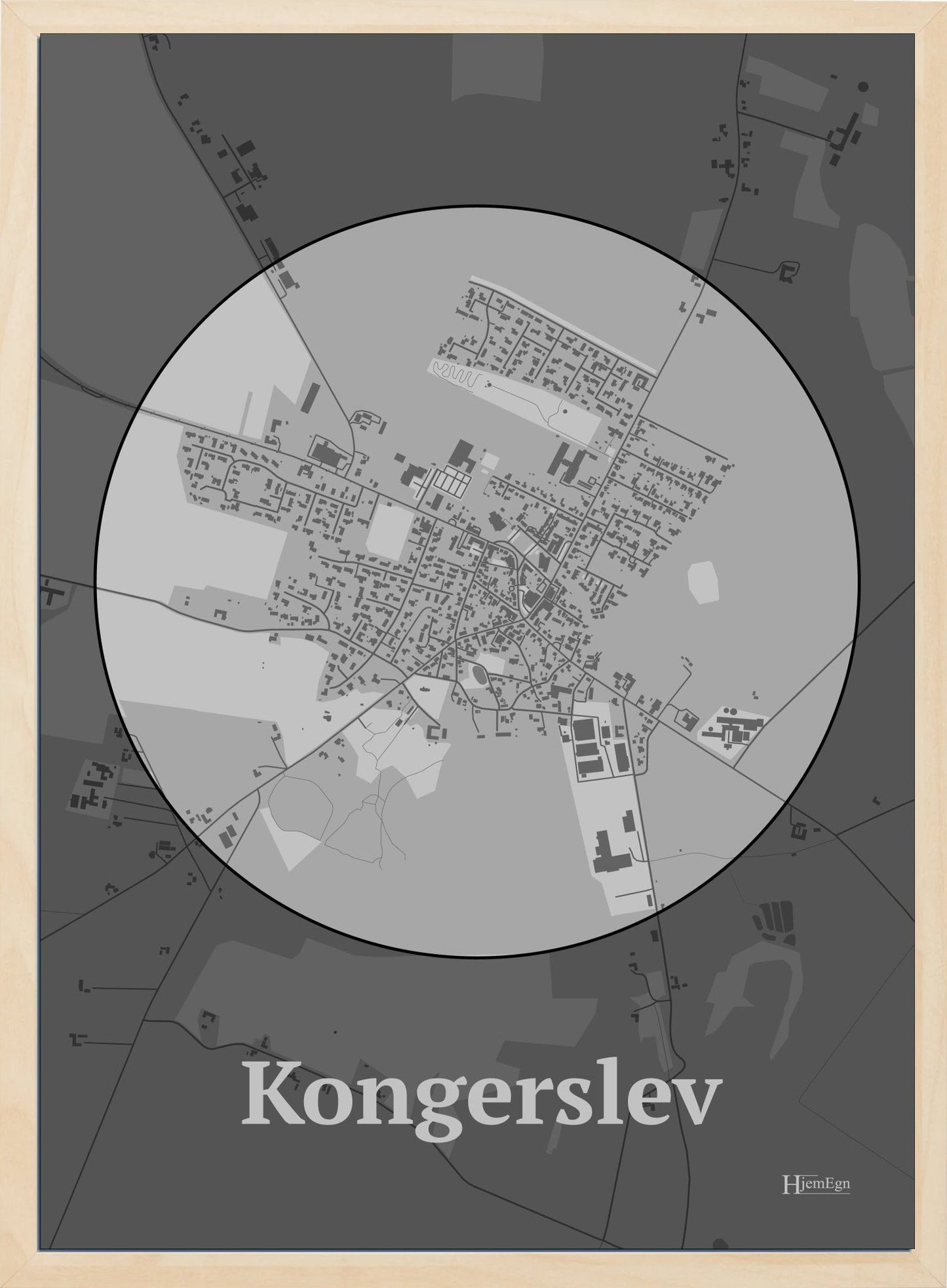 Kongerslev plakat i farve pastel grå og HjemEgn.dk design centrum. Design bykort for Kongerslev