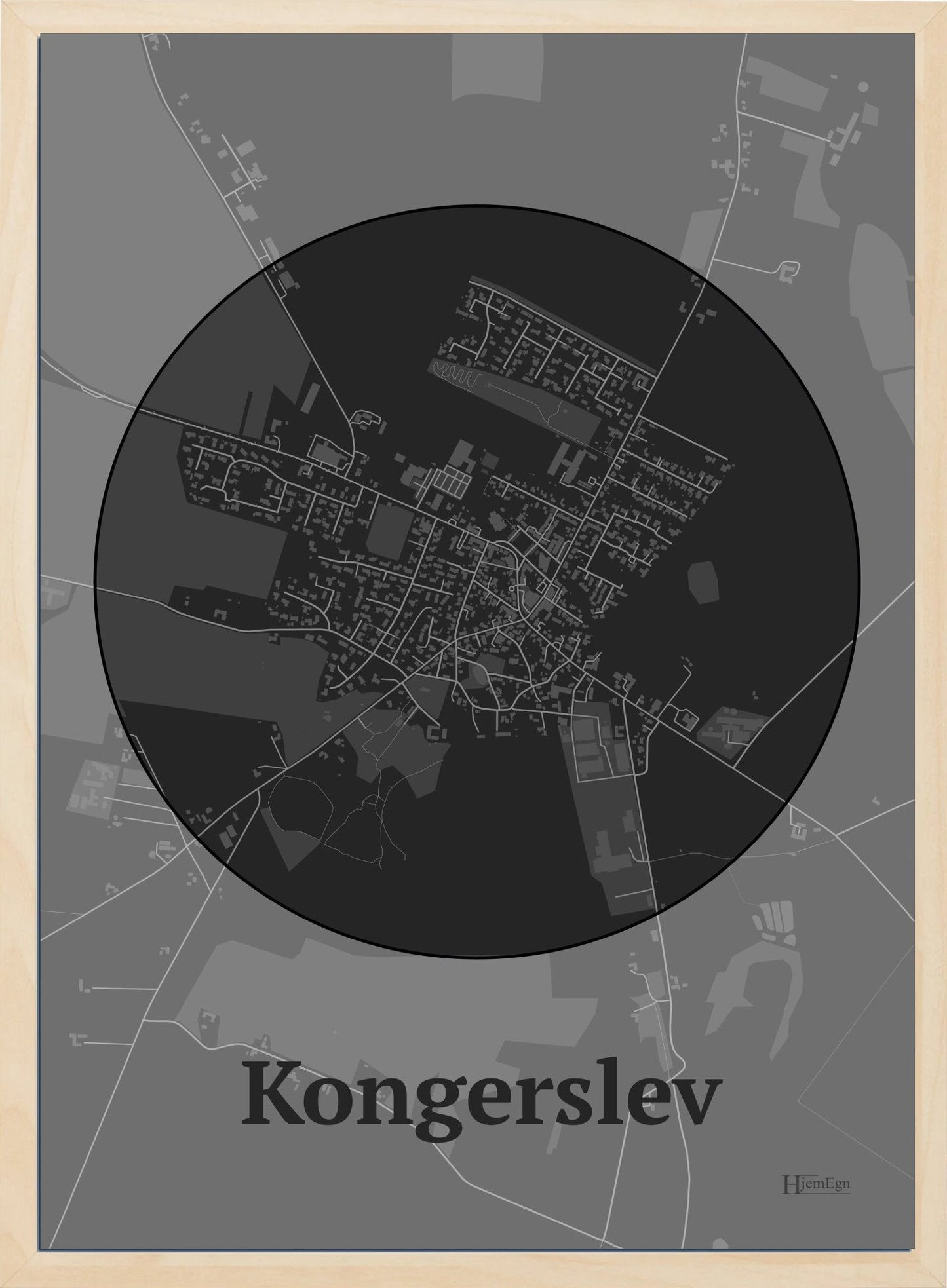 Kongerslev plakat i farve mørk grå og HjemEgn.dk design centrum. Design bykort for Kongerslev