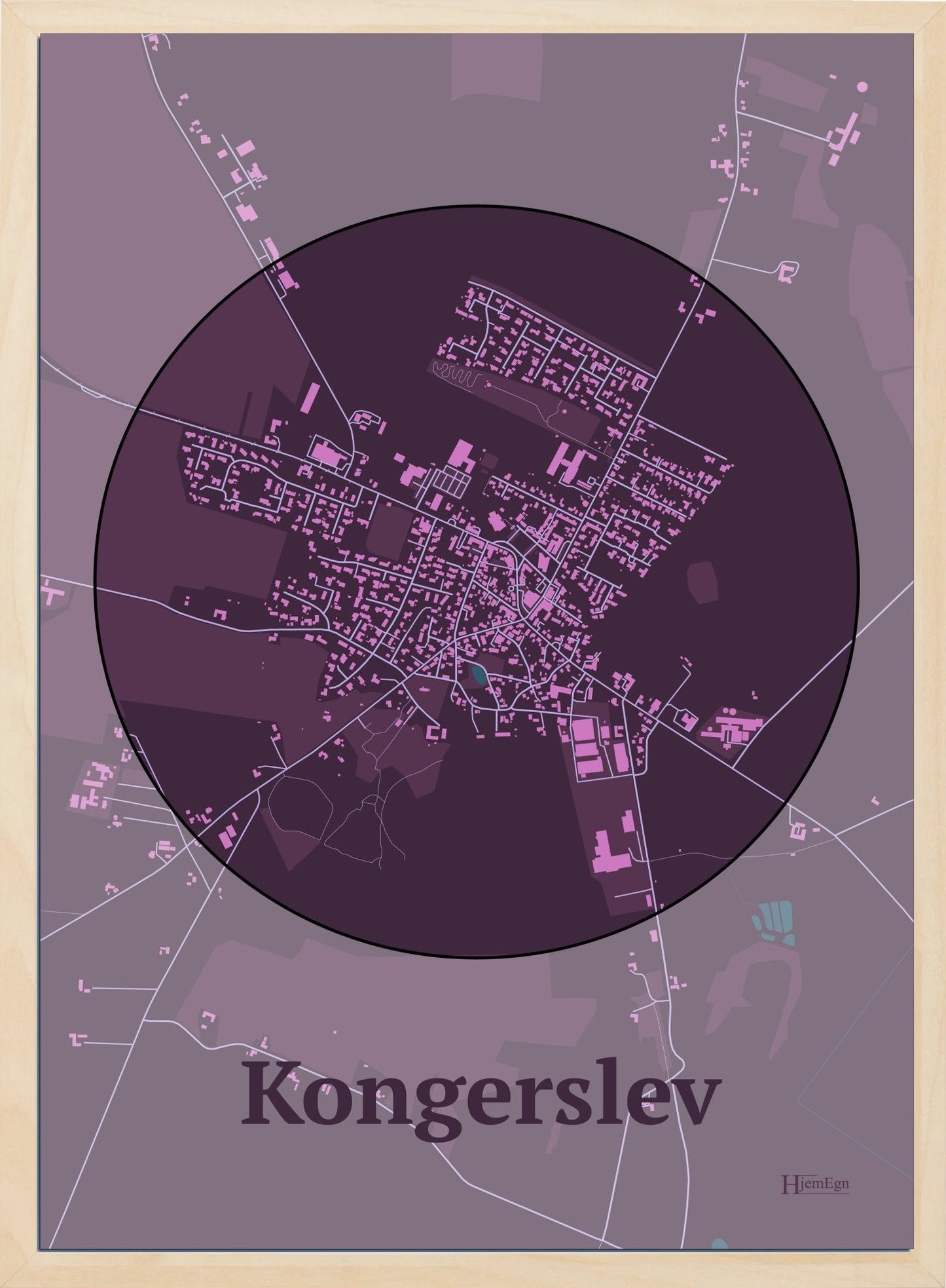 Kongerslev plakat i farve mørk rød og HjemEgn.dk design centrum. Design bykort for Kongerslev