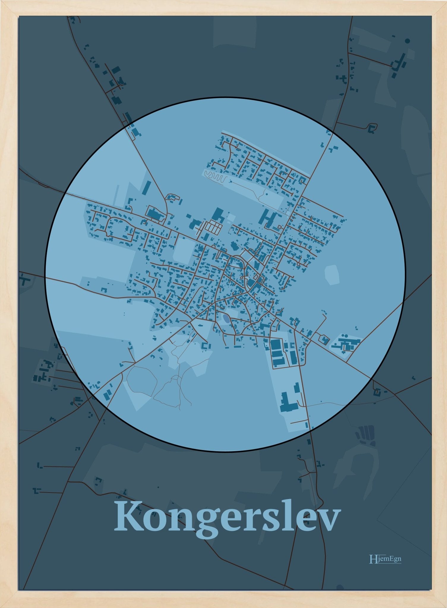 Kongerslev plakat i farve pastel blå og HjemEgn.dk design centrum. Design bykort for Kongerslev