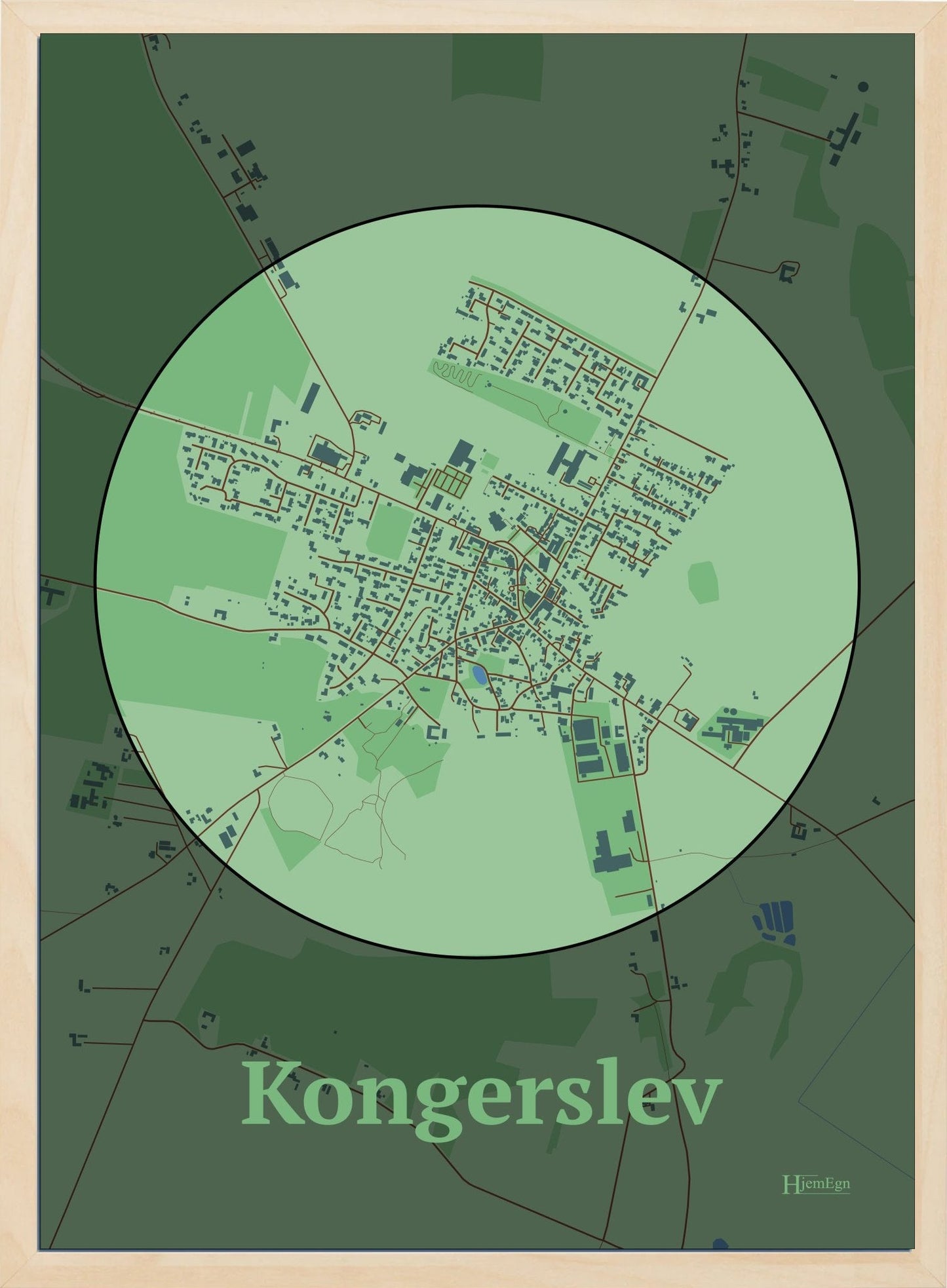 Kongerslev plakat i farve pastel grøn og HjemEgn.dk design centrum. Design bykort for Kongerslev