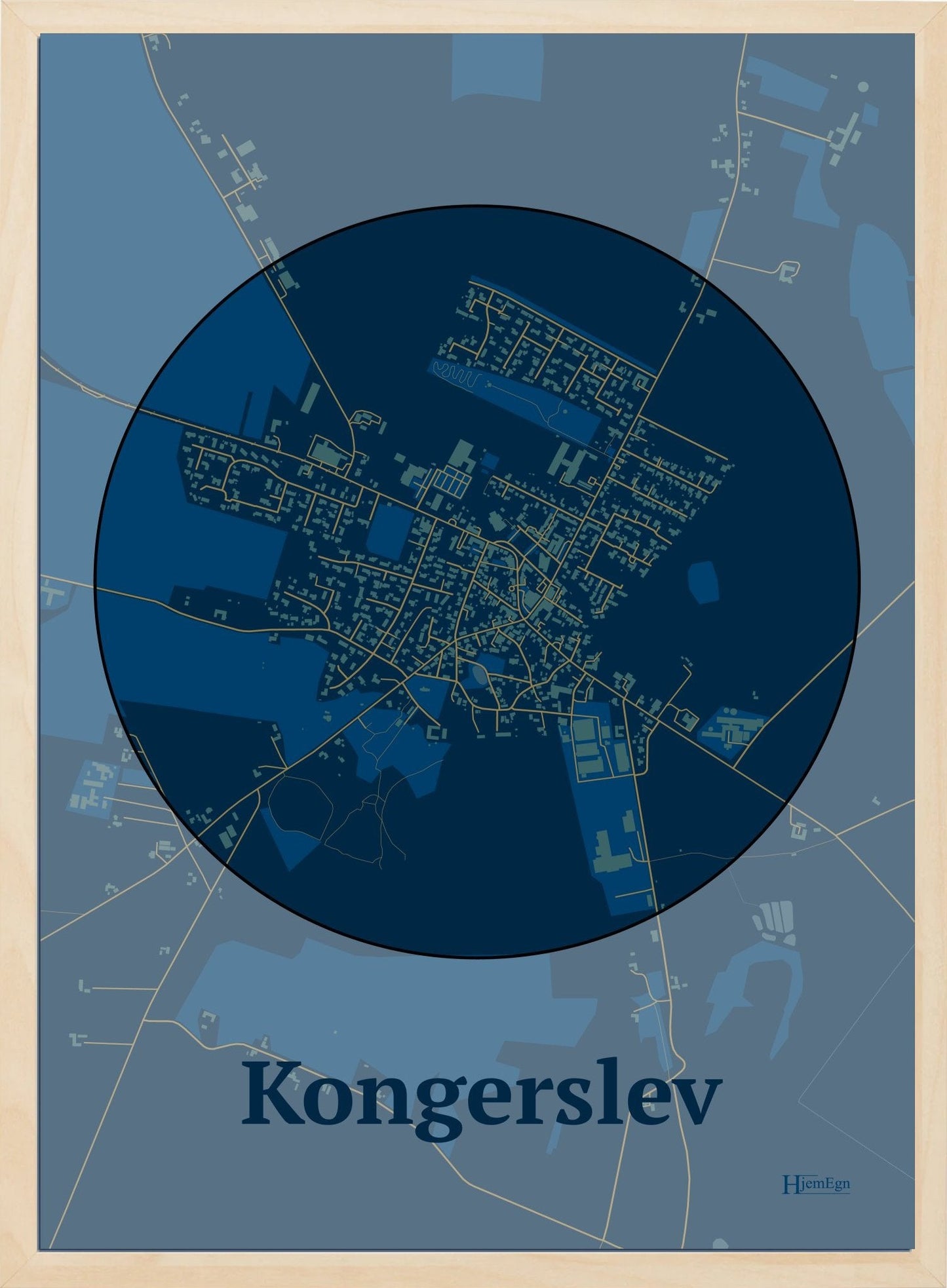 Kongerslev plakat i farve mørk blå og HjemEgn.dk design centrum. Design bykort for Kongerslev