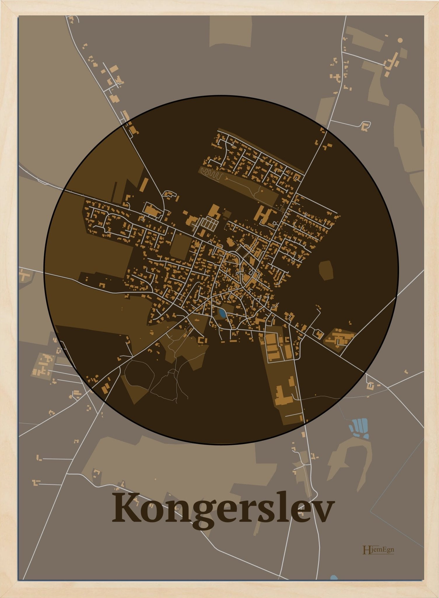 Kongerslev plakat i farve mørk brun og HjemEgn.dk design centrum. Design bykort for Kongerslev