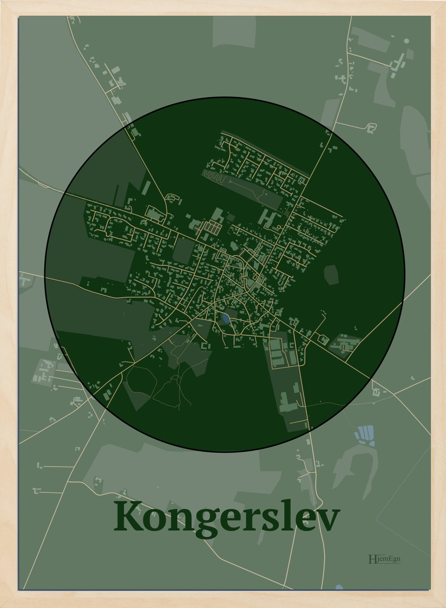 Kongerslev plakat i farve mørk grøn og HjemEgn.dk design centrum. Design bykort for Kongerslev