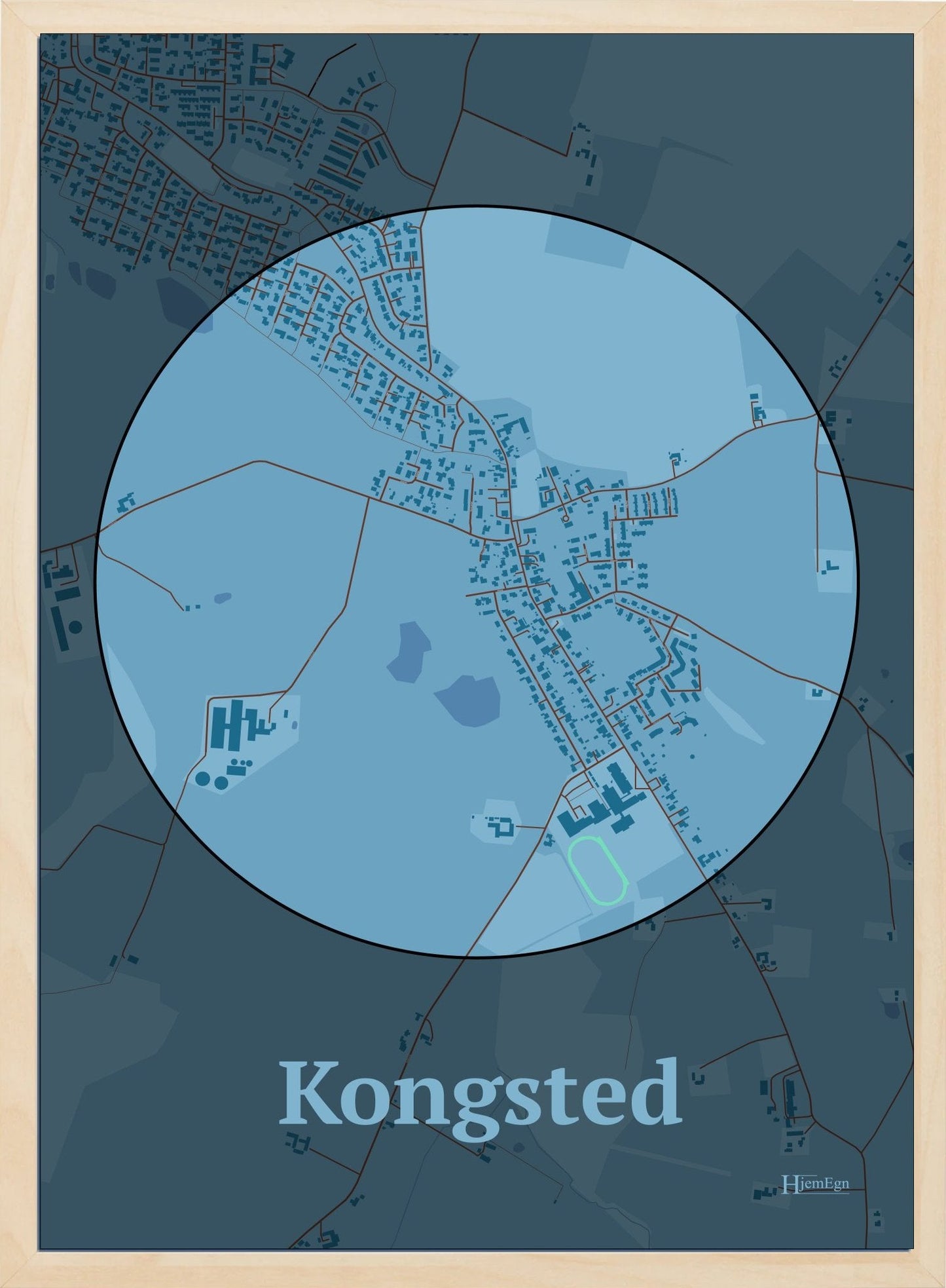 Kongsted plakat i farve pastel blå og HjemEgn.dk design centrum. Design bykort for Kongsted