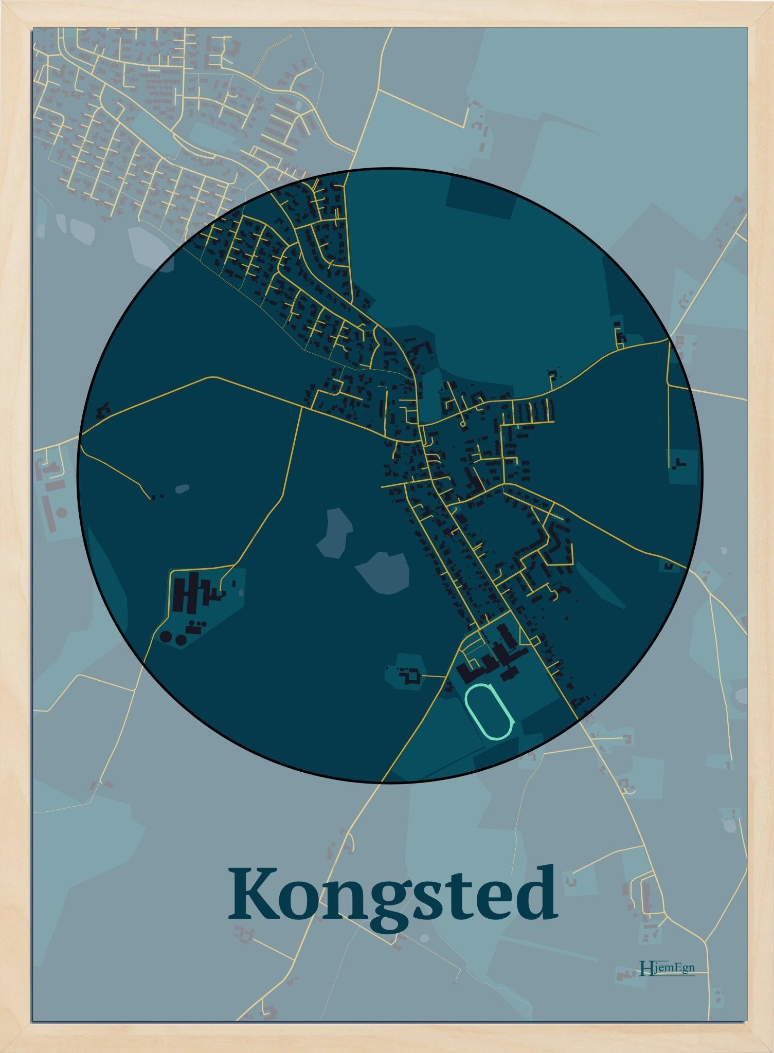 Kongsted plakat i farve mørk blå og HjemEgn.dk design centrum. Design bykort for Kongsted