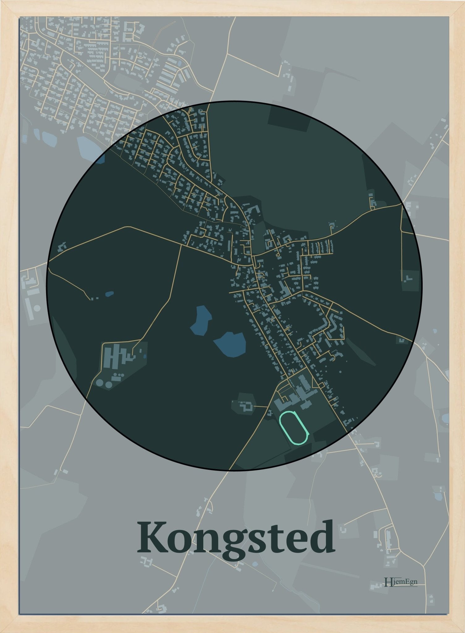 Kongsted plakat i farve mørk grøn og HjemEgn.dk design centrum. Design bykort for Kongsted