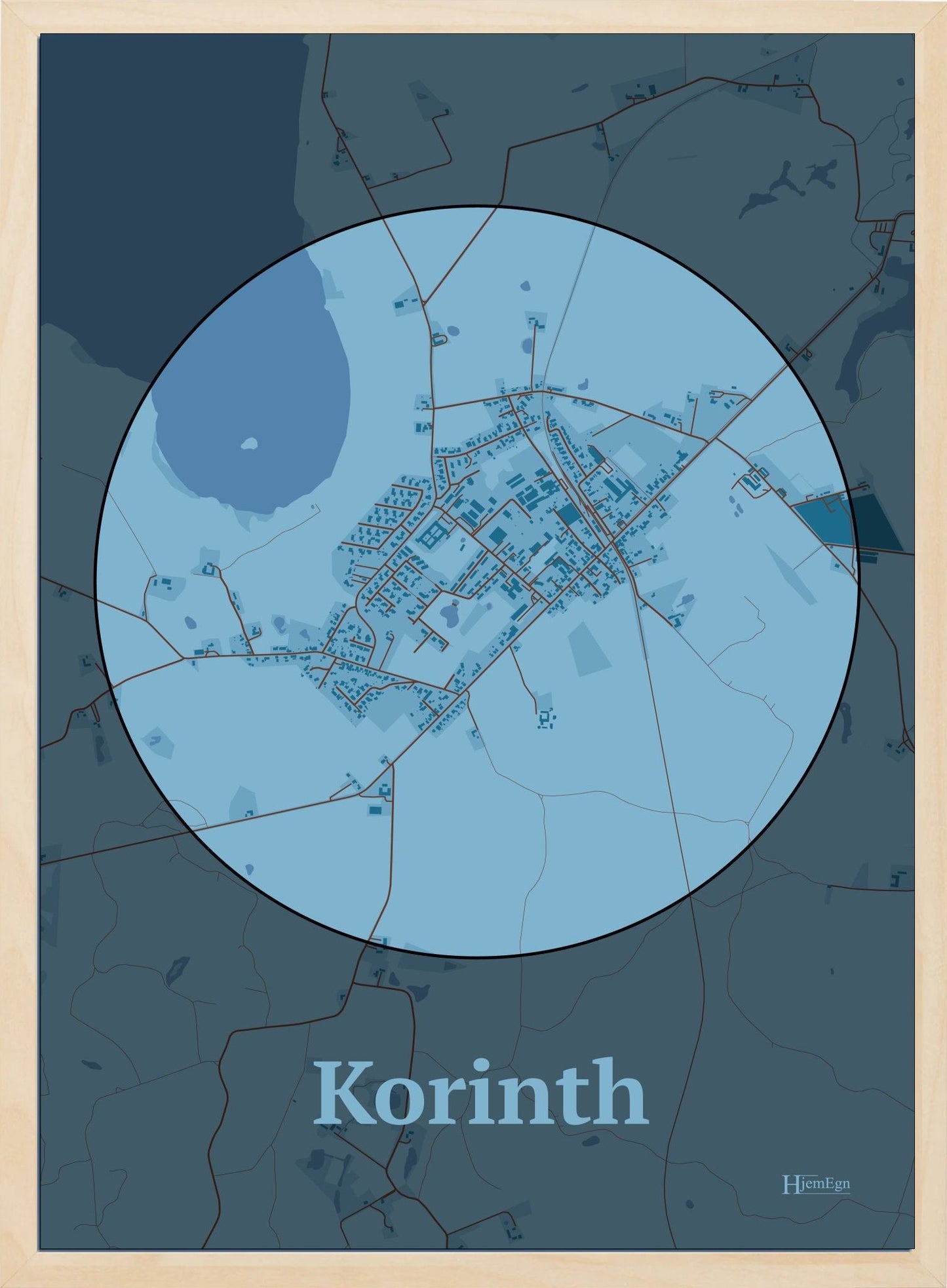Korinth plakat i farve pastel blå og HjemEgn.dk design centrum. Design bykort for Korinth