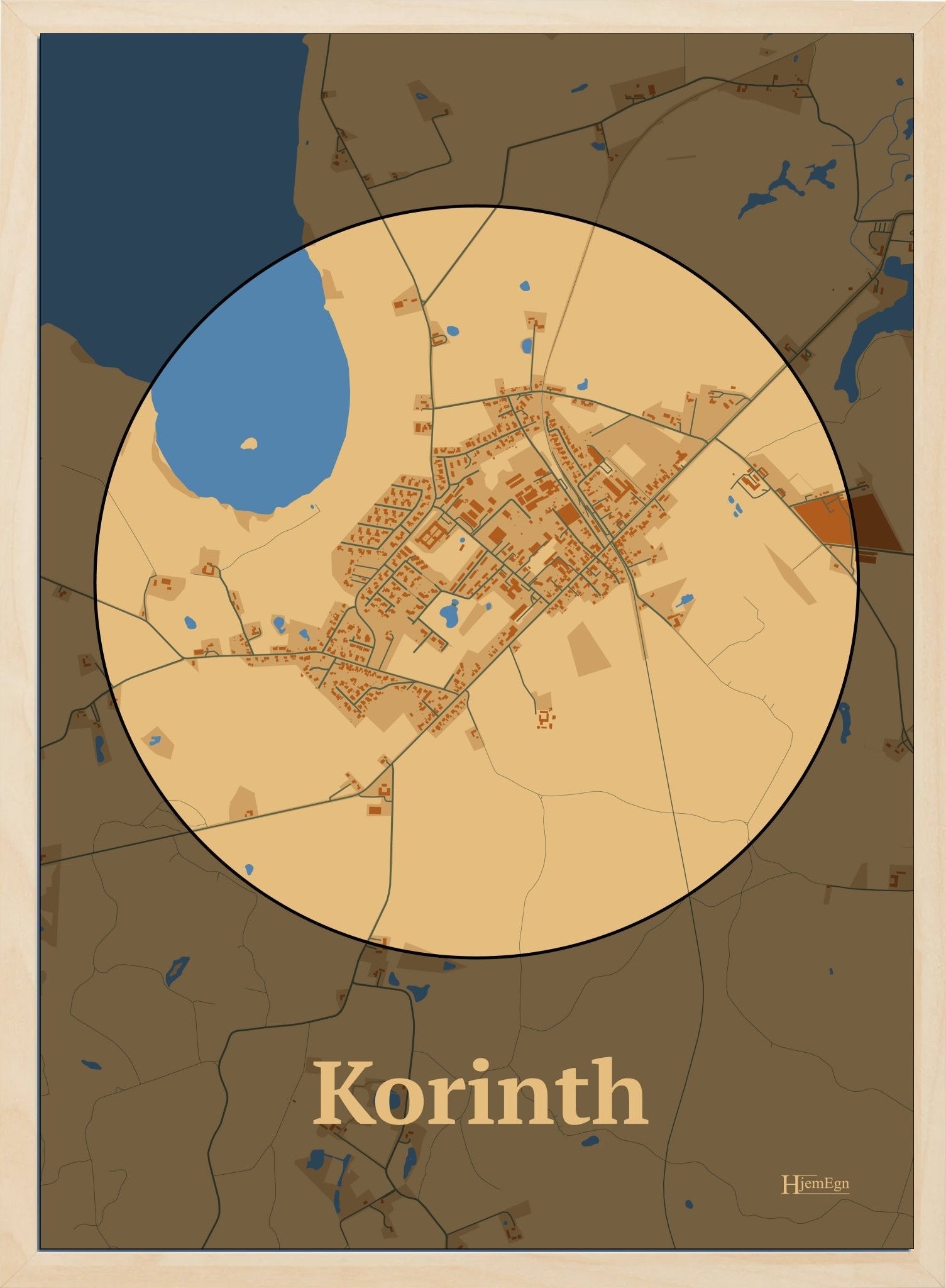 Korinth plakat i farve pastel brun og HjemEgn.dk design centrum. Design bykort for Korinth