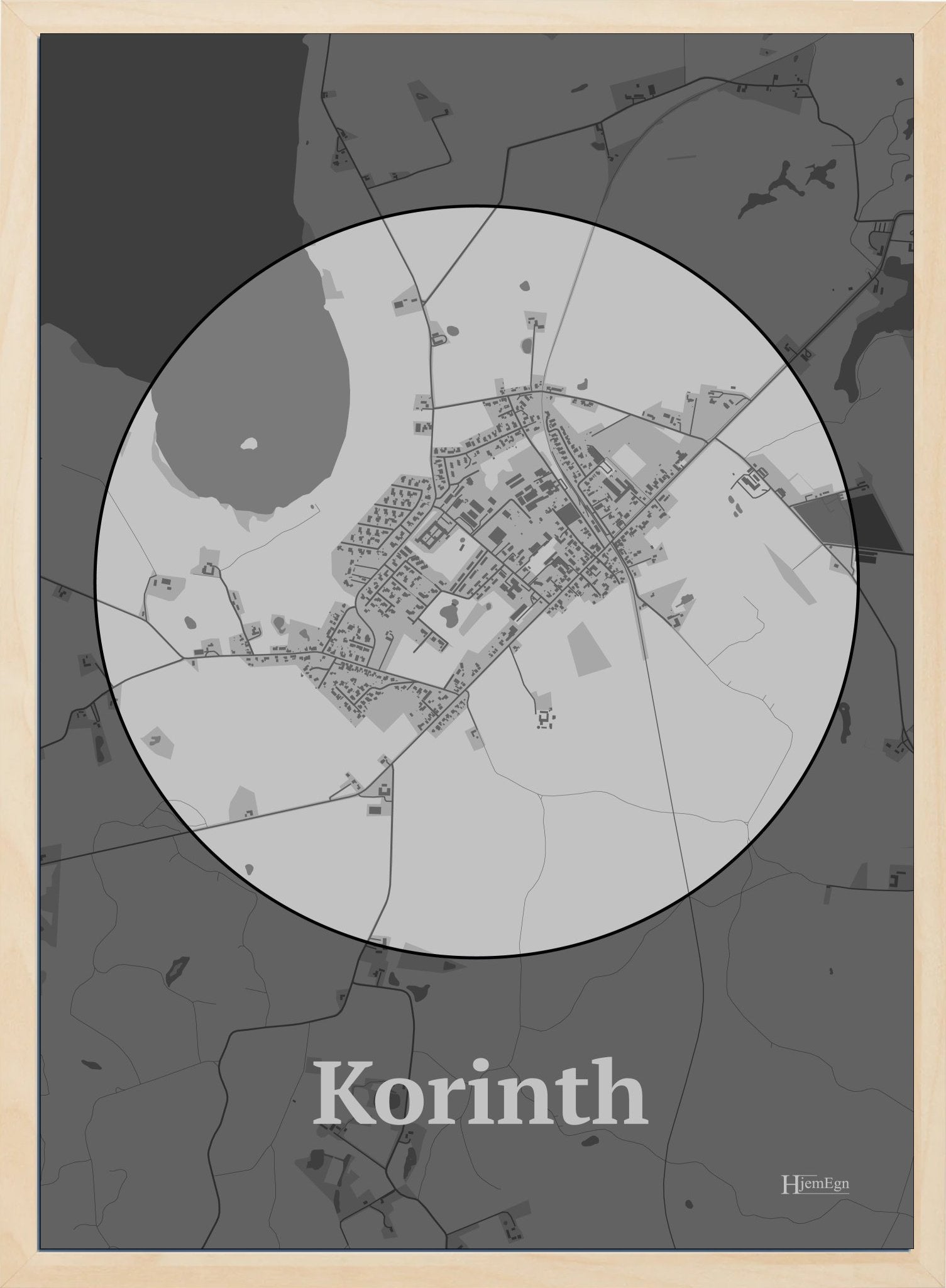Korinth plakat i farve pastel grå og HjemEgn.dk design centrum. Design bykort for Korinth