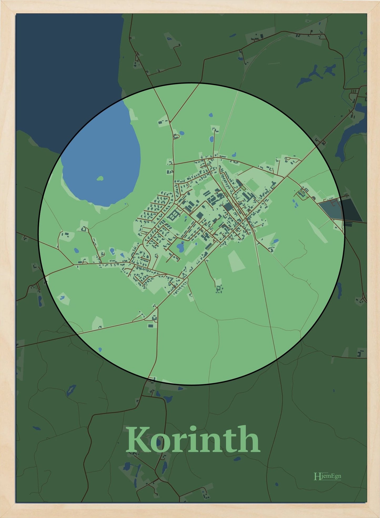 Korinth plakat i farve pastel grøn og HjemEgn.dk design centrum. Design bykort for Korinth