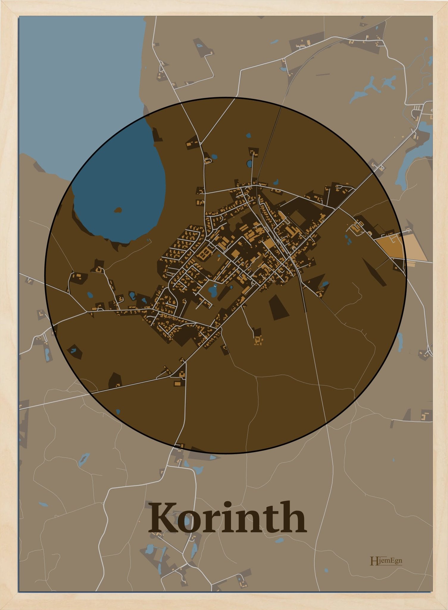 Korinth plakat i farve mørk brun og HjemEgn.dk design centrum. Design bykort for Korinth
