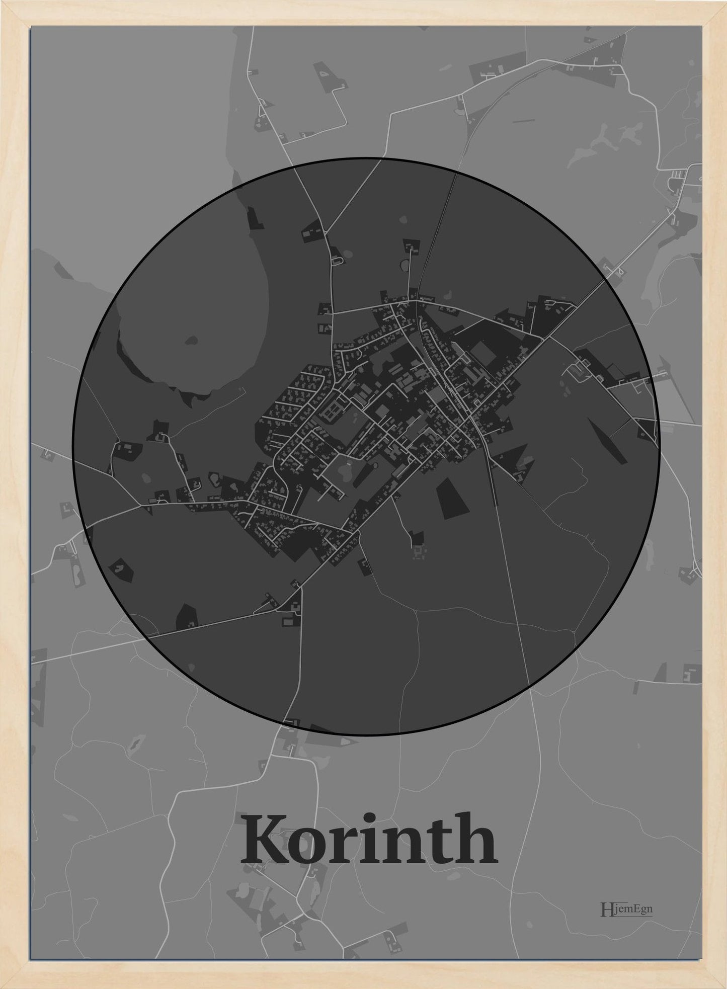 Korinth plakat i farve mørk grå og HjemEgn.dk design centrum. Design bykort for Korinth