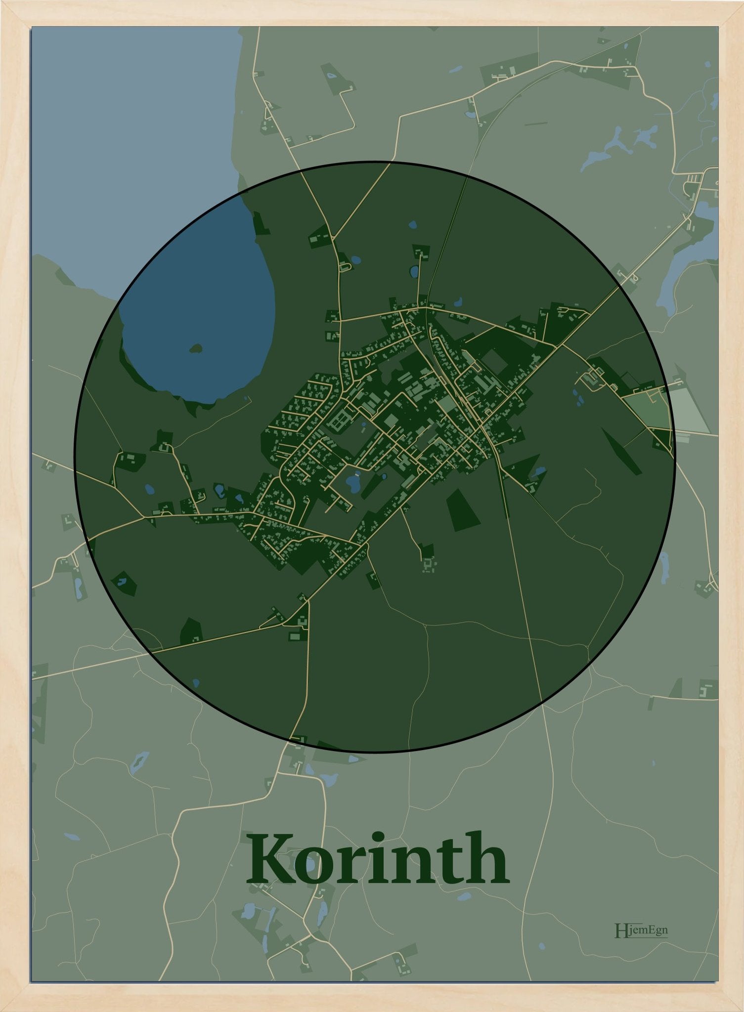 Korinth plakat i farve mørk grøn og HjemEgn.dk design centrum. Design bykort for Korinth