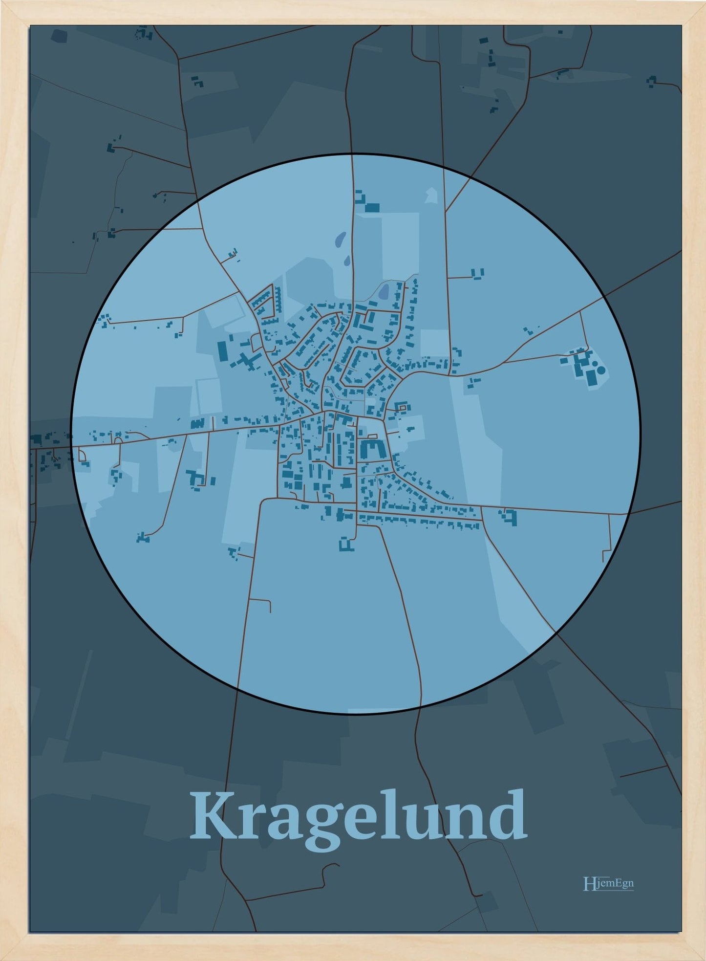 Kragelund plakat i farve pastel blå og HjemEgn.dk design centrum. Design bykort for Kragelund