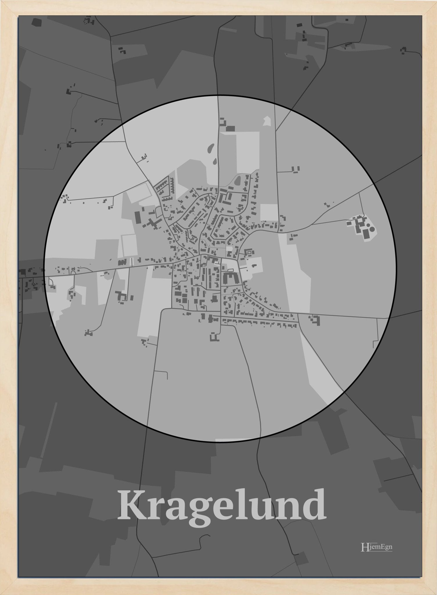 Kragelund plakat i farve pastel grå og HjemEgn.dk design centrum. Design bykort for Kragelund