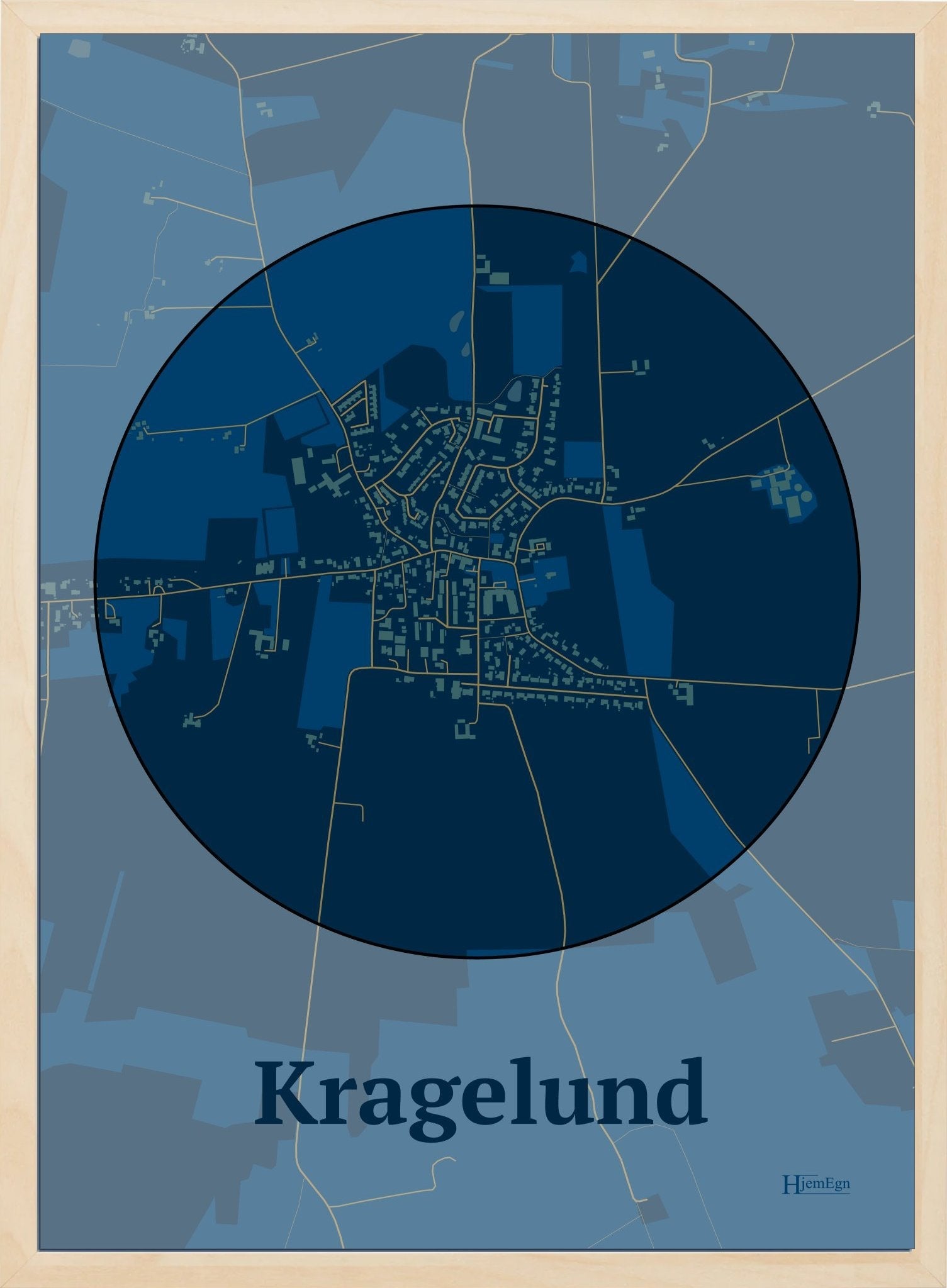 Kragelund plakat i farve mørk blå og HjemEgn.dk design centrum. Design bykort for Kragelund