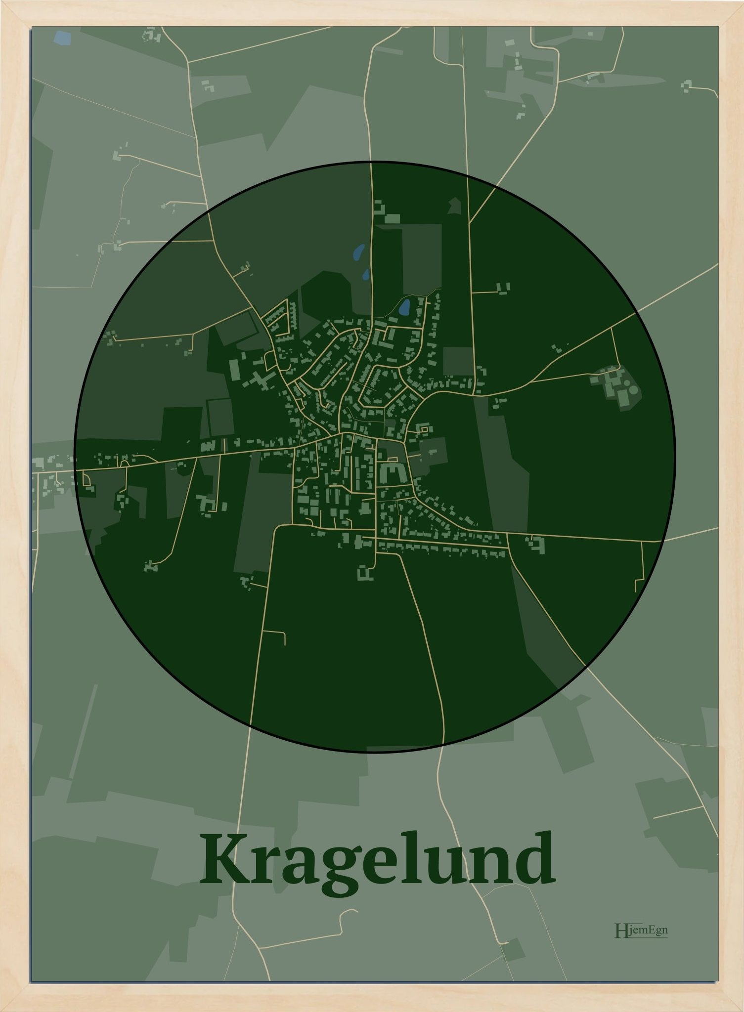 Kragelund plakat i farve mørk grøn og HjemEgn.dk design centrum. Design bykort for Kragelund