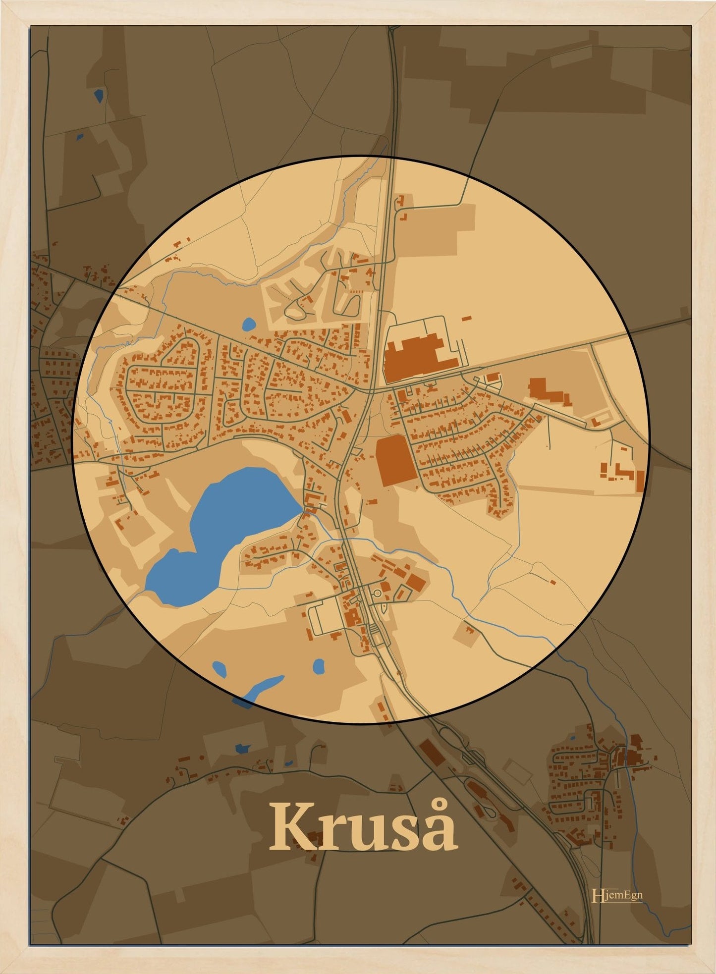 Kruså plakat i farve pastel brun og HjemEgn.dk design centrum. Design bykort for Kruså