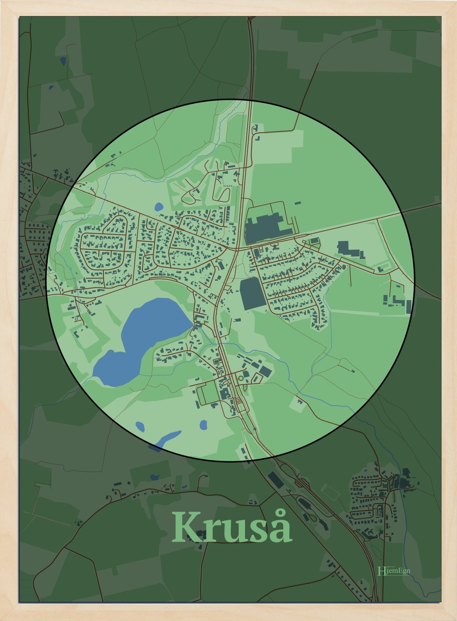 Kruså plakat i farve pastel grøn og HjemEgn.dk design centrum. Design bykort for Kruså