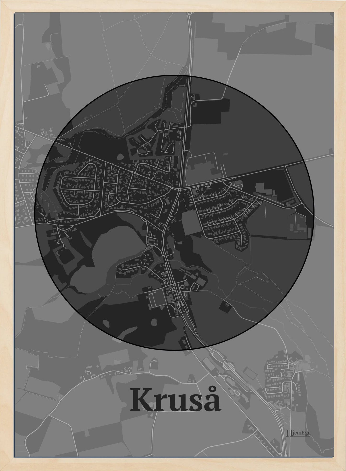Kruså plakat i farve mørk grå og HjemEgn.dk design centrum. Design bykort for Kruså