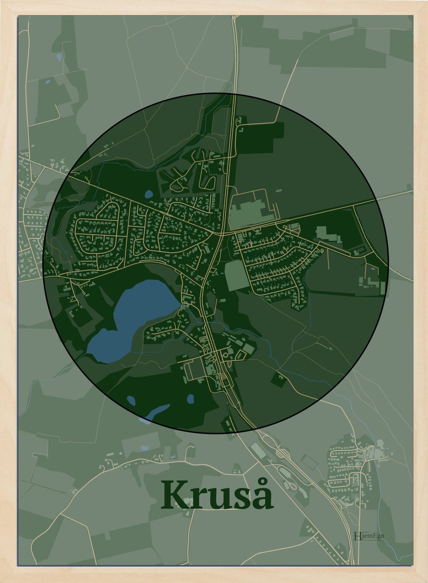 Kruså plakat i farve mørk grøn og HjemEgn.dk design centrum. Design bykort for Kruså